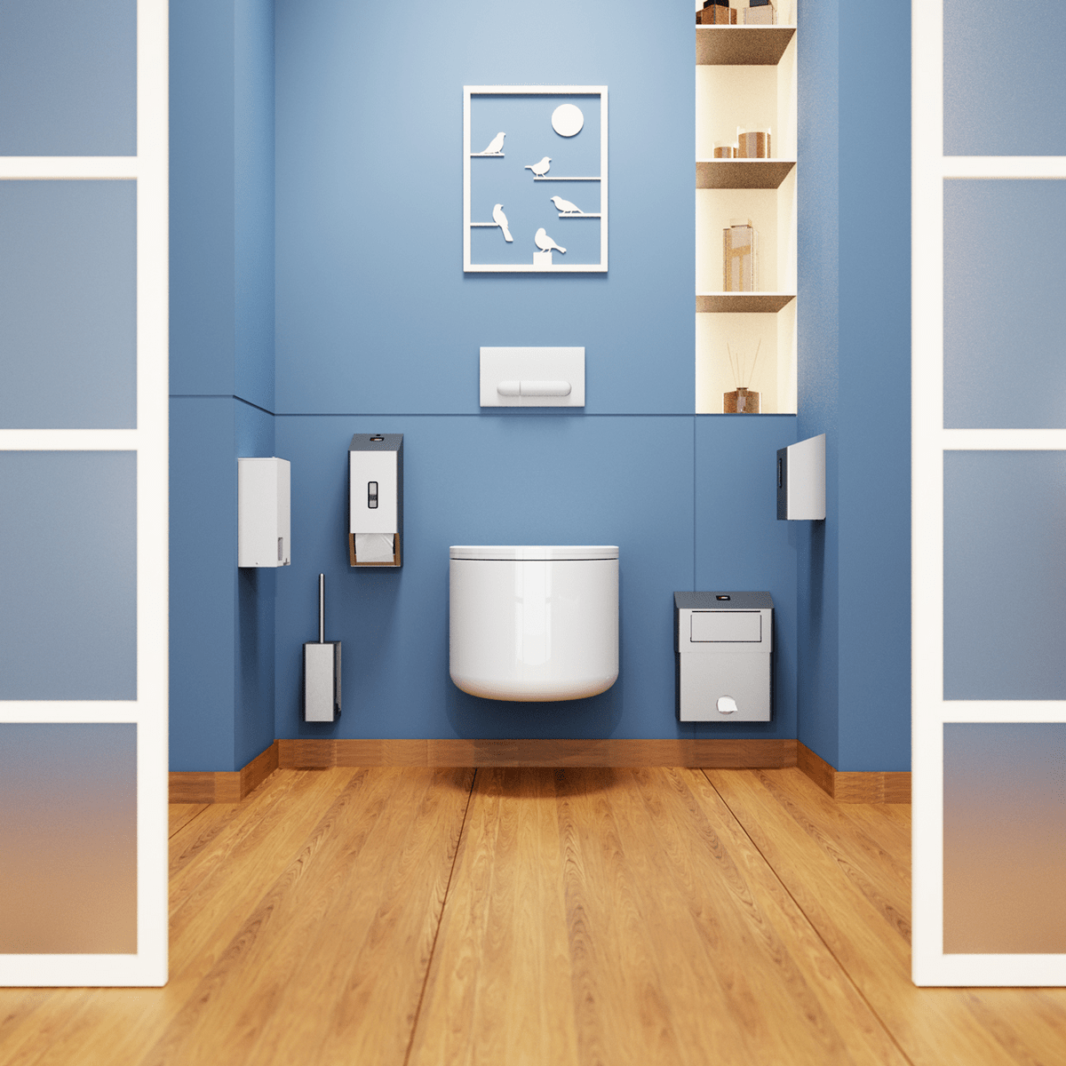 Moderne Toilettenraum-Hygienestation aus hochwertigem Edelstahl mit berührungsloser Steuerung, ideal für öffentliche und gewerbliche Einrichtungen, präsentiert von Kibemo