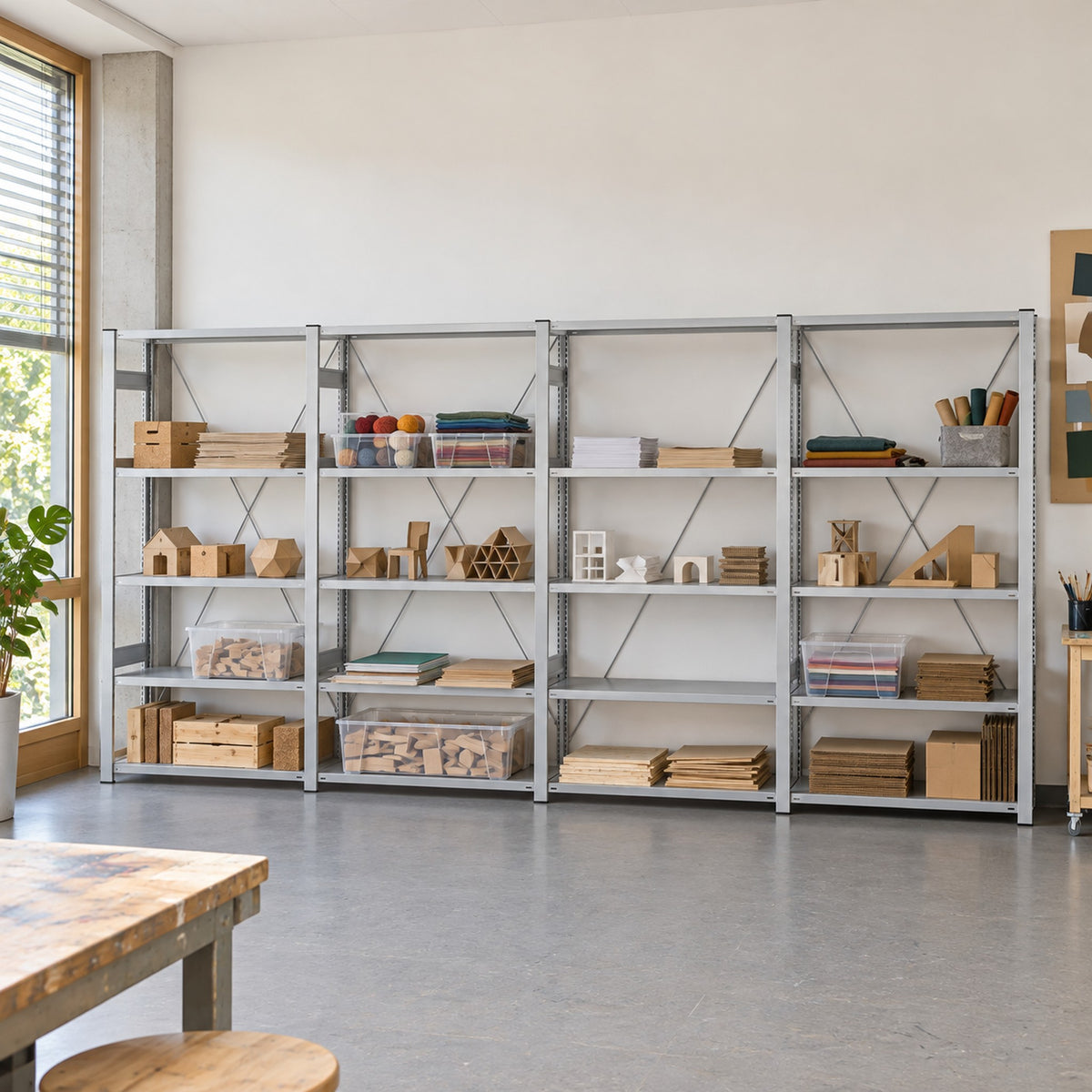 Lichtgraue Stahlregalreihe mit Anbauregalen für Werkmaterial und Kreativprojekte im Schweizer Schul-Makerspace.