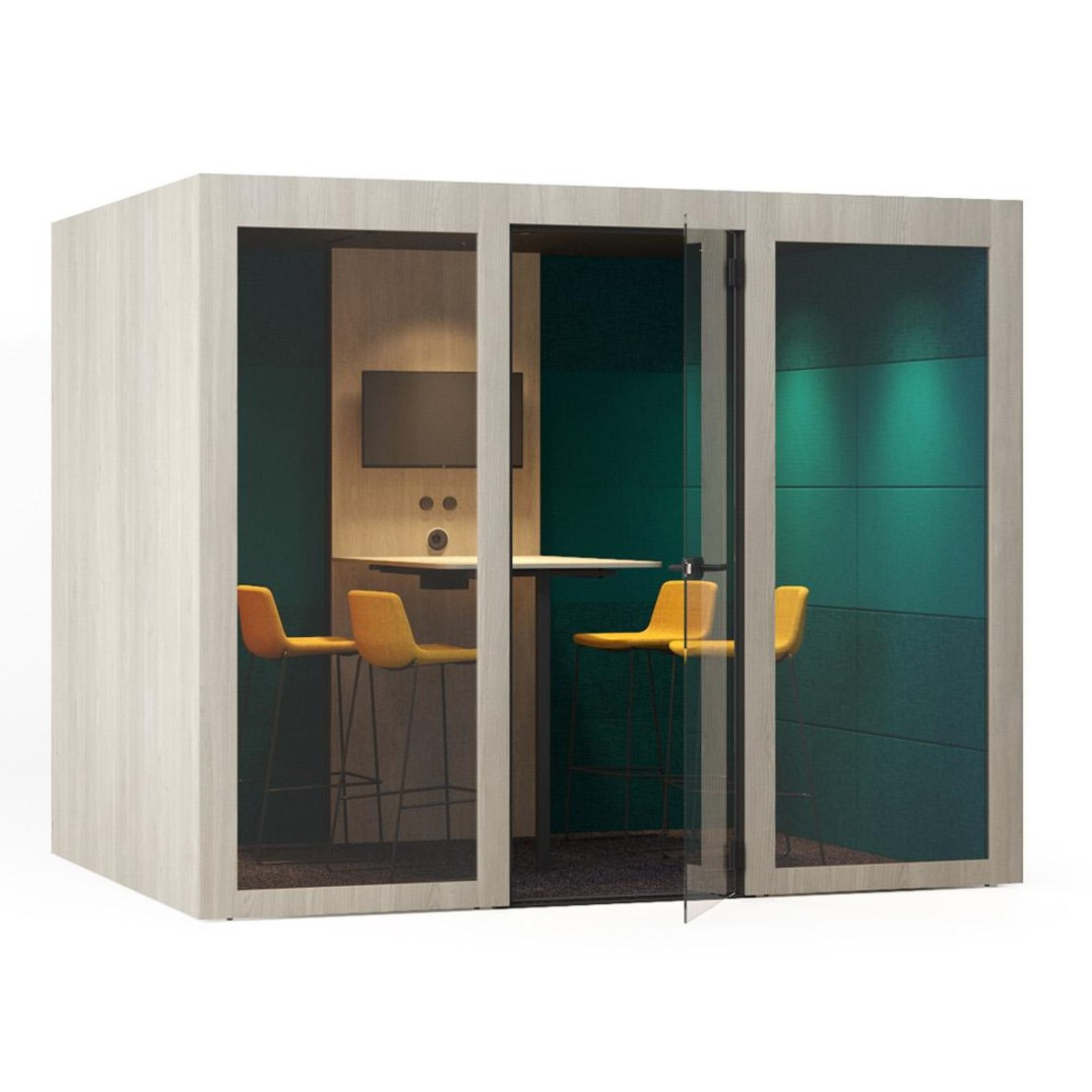 Silent Room L Meetingbox mit grosser Glasfront, Tisch und sechs Sitzplaetzen – geraeumige Raum-in-Raum Loesung fuer Besprechungen und kreative Zusammenarbeit im Buero