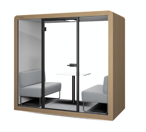 Silen Space Buerobox mit Furnieroptik und grosser Glasfront – stilvolle Akustikbox fuer vertrauliche Gespraeche und fokussiertes Arbeiten im offenen Buero