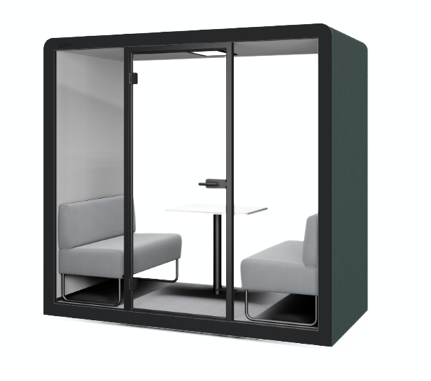 Silen Space Buerobox mit zwei gepolsterten Sitzbaenken, Glastueren und Tisch – akustisch abgeschirmte Kabine fuer Besprechungen und fokussierte Zusammenarbeit im Buero
