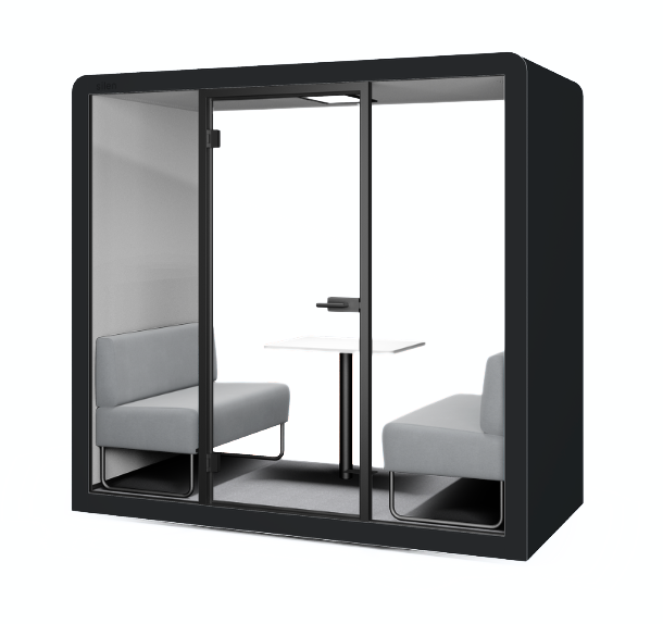 Silen Space Buerobox in schwarzer Metallausfuehrung mit grosser Glasfront – moderne Schallschutzkabine fuer effiziente Teamarbeit und ungestoerte Besprechungen im Buero