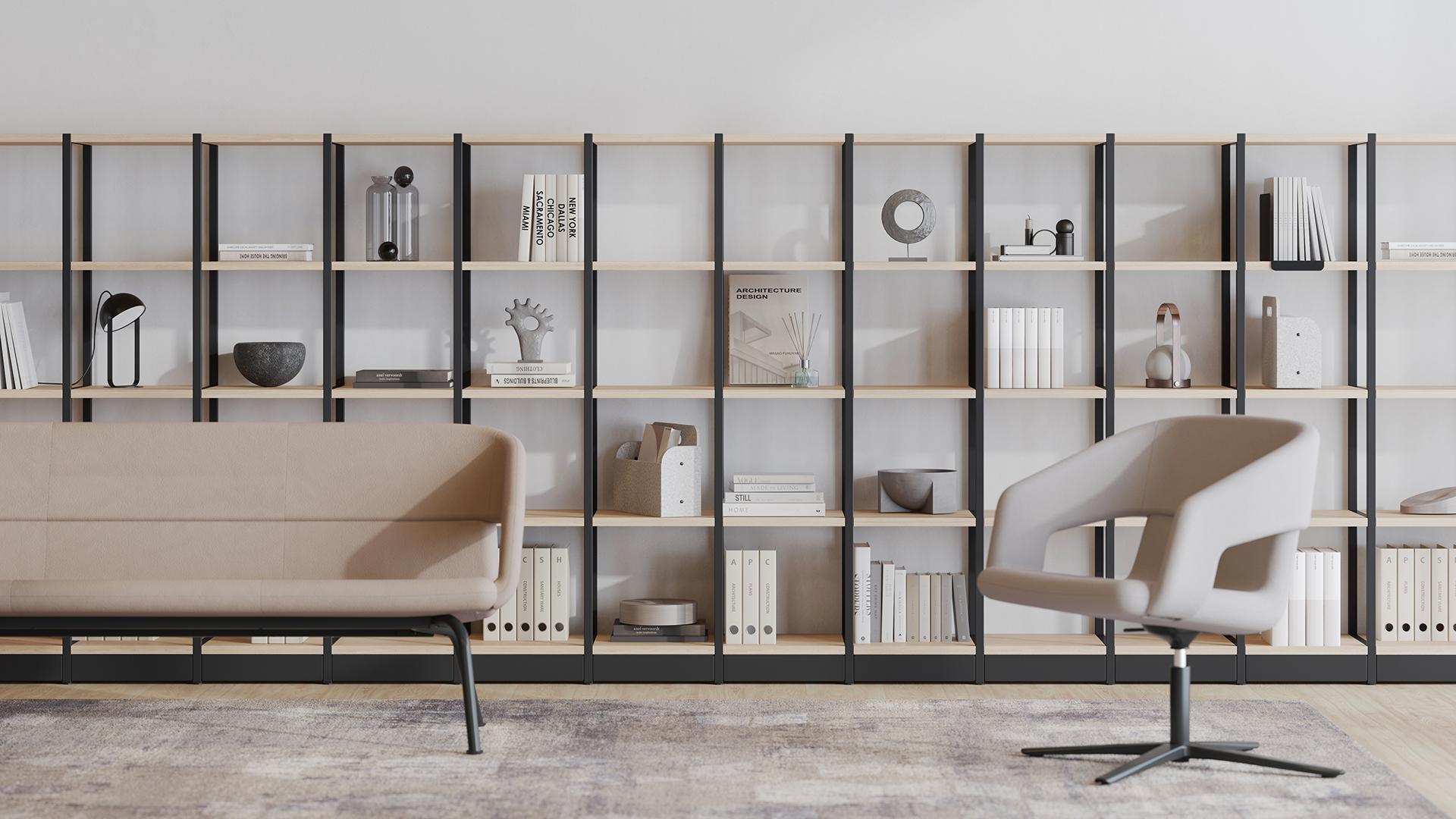 Modernes Bueroregal mit Ordner- und Buchablage, Wandmontage auf weisser Wandflaeche