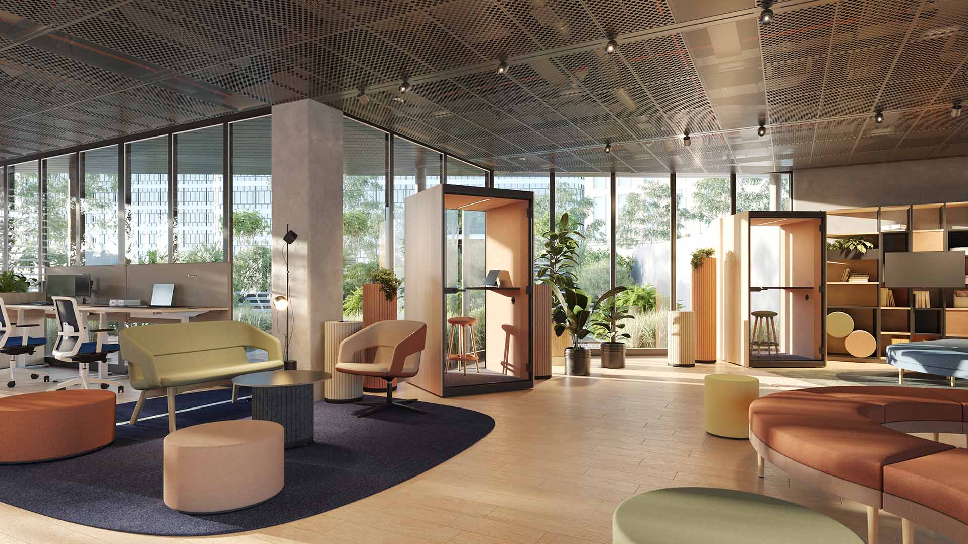 Eleganter Bueroarbeitsplatz mit ergonomischen Stuehlen, einem grosszuegigen Schreibtisch und durchdachten Aufbewahrungslösungen, ideal fuer eine moderne und effiziente Arbeitsumgebung, praesentiert von Kibemo