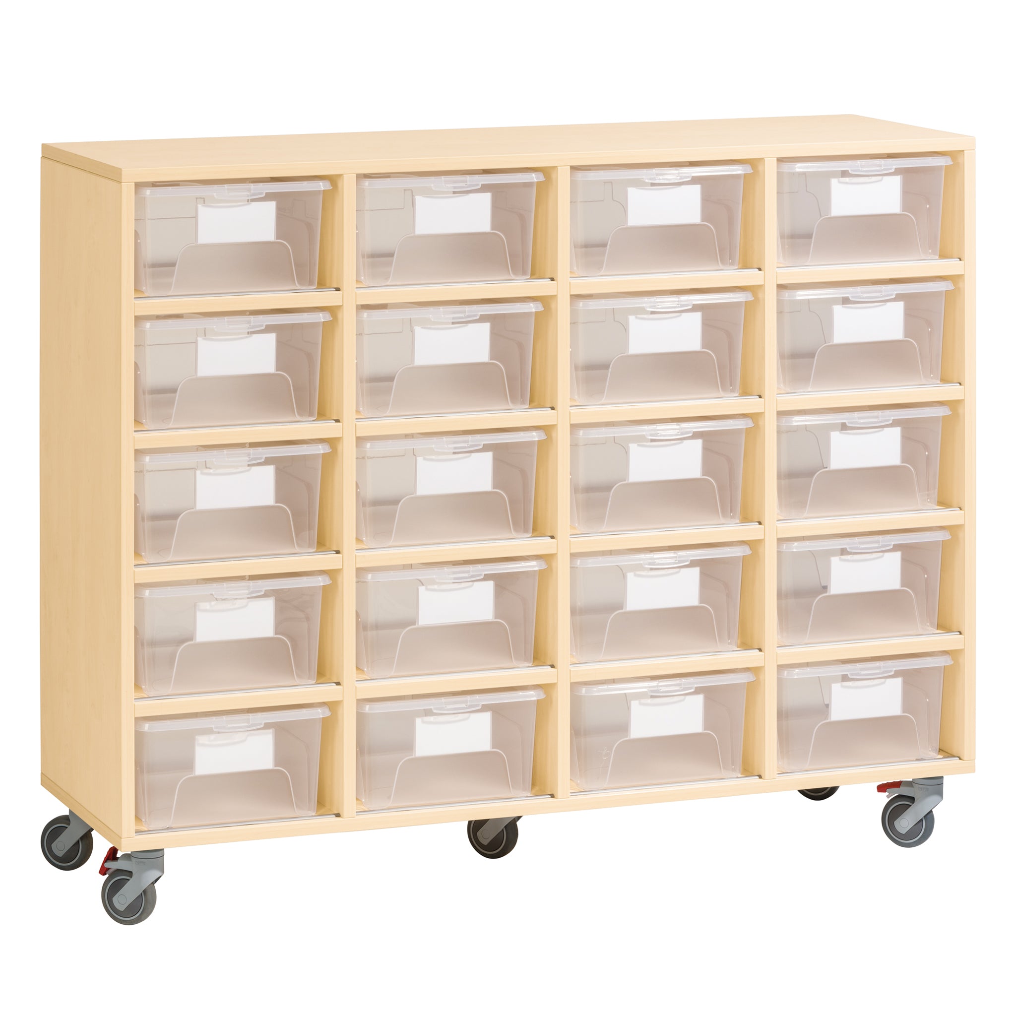 Mobiler Kindergarten Schrank mit 20 Fächern auf Rollen in Birke