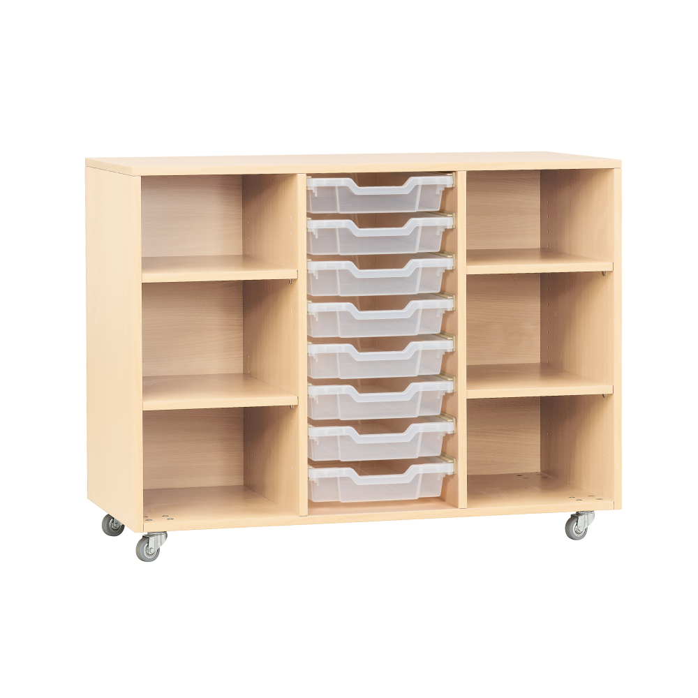 Mobiles Regal für Kindergarten mit Materialboxen auf Rollen Birke