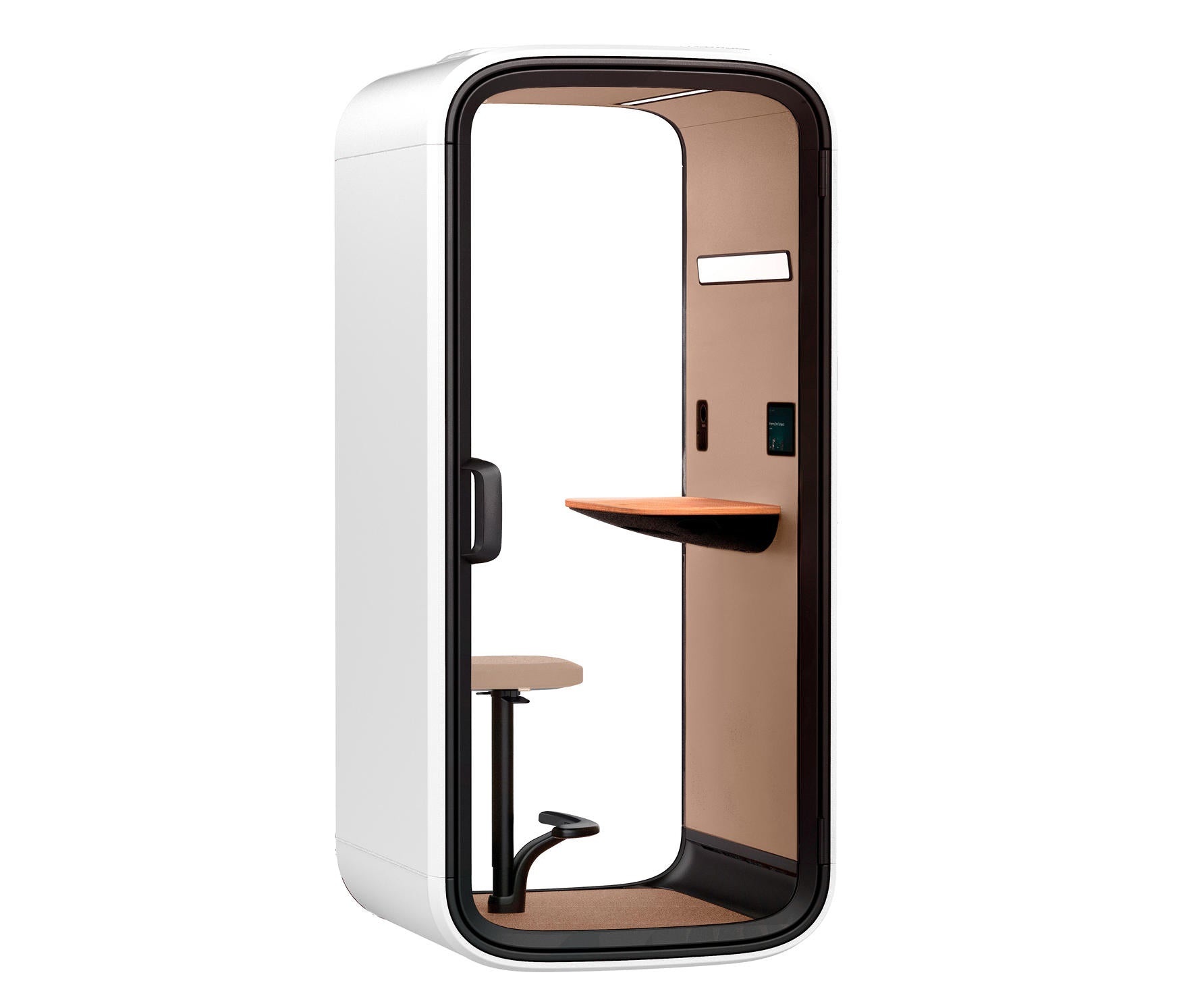 Phone Booth Framery One Compact mit weisser Wand und Tisch aus Eiche