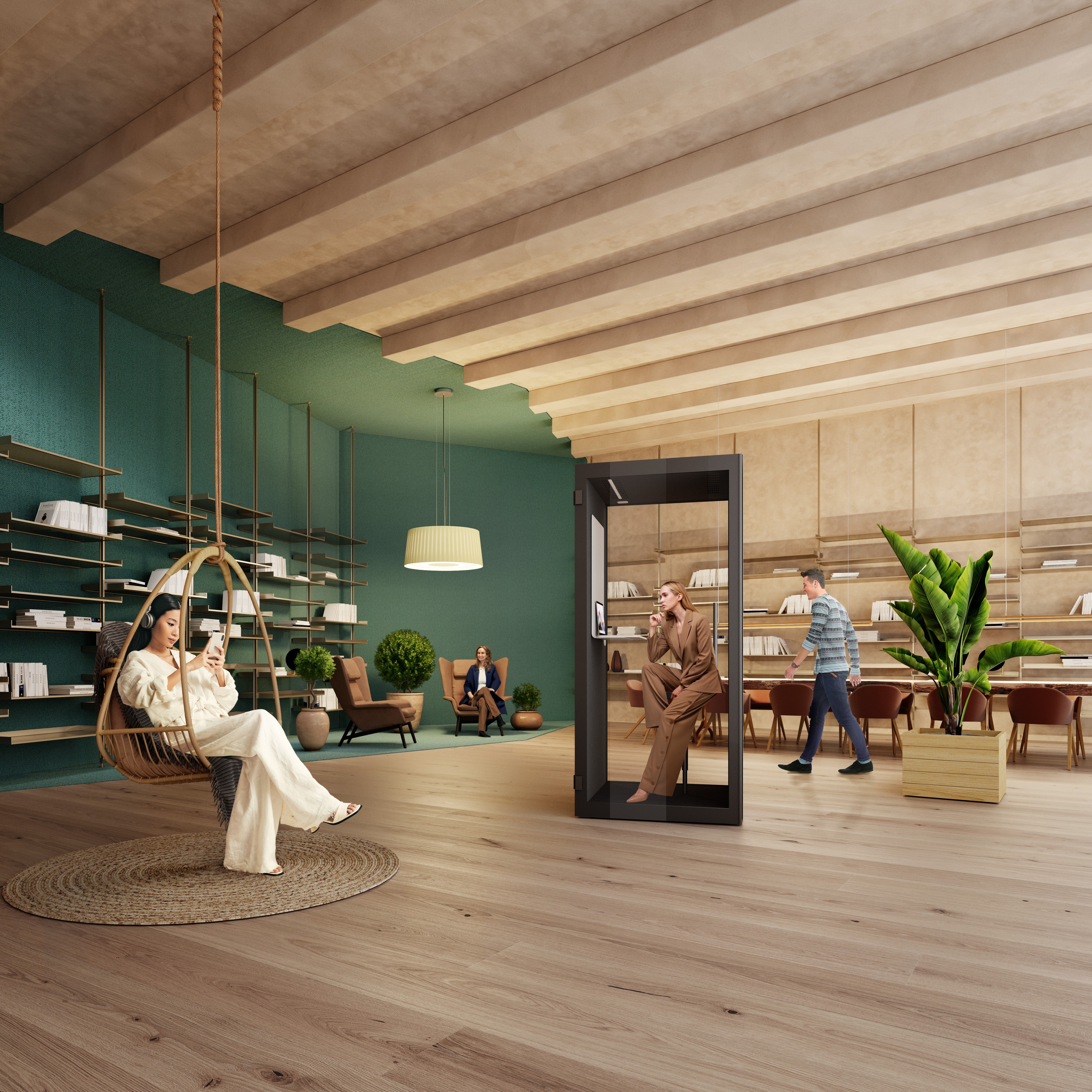 Seitliche Ansicht der Chatbox Single PhoneBooth mit Glaswand und akustischer Daemmung – moderne Loesung fuer ungestoerte Kommunikation im Bueroalltag