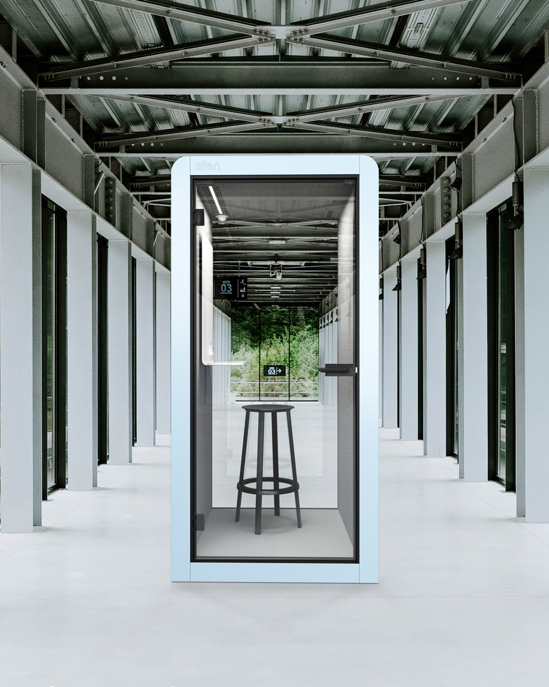 Chatbox Single PhoneBooth mit schallisolierter Tuer und heller Innenbeleuchtung – kompakte Akustikloesung fuer ruhiges Arbeiten in lauten Buero-Umgebungen.