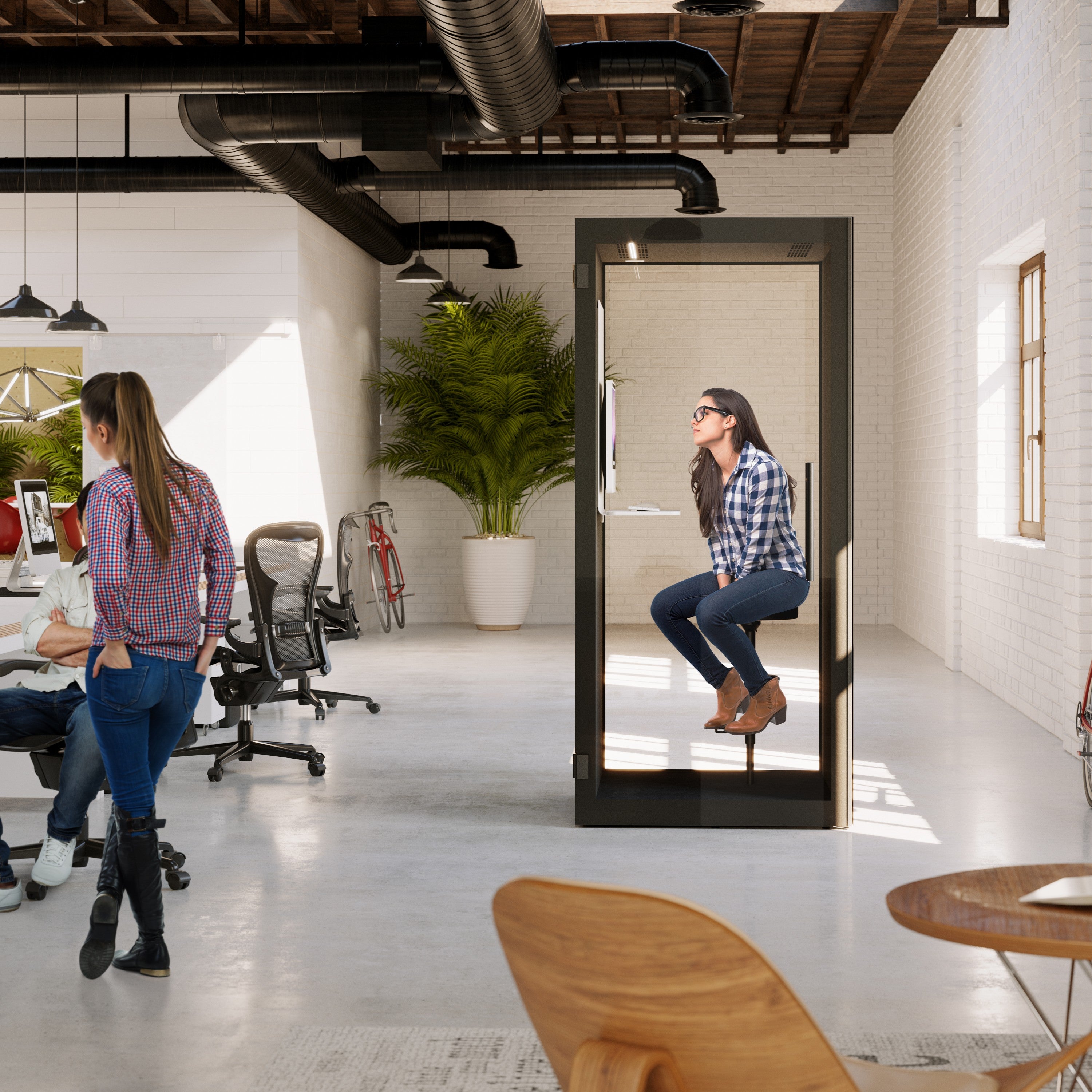 Schallgedaempfte Chatbox Single PhoneBooth in modernem Buero – stilvolle Kabine mit Glasfront fuer vertrauliche Gespraeche und maximale Konzentration