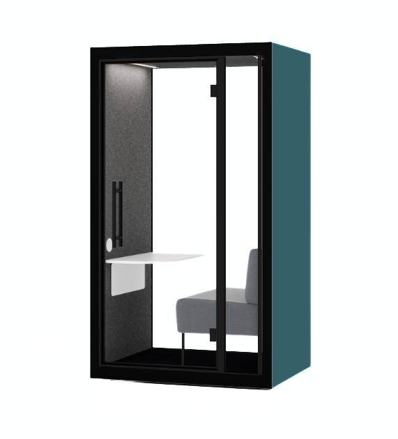 Kompakte Chatbox Solo Phone Box mit grosser Glasflaeche und schallabsorbierendem Innenraum – perfekte Akustikloesung fuer Einzelarbeitsplaetze und ruhige Telefonate