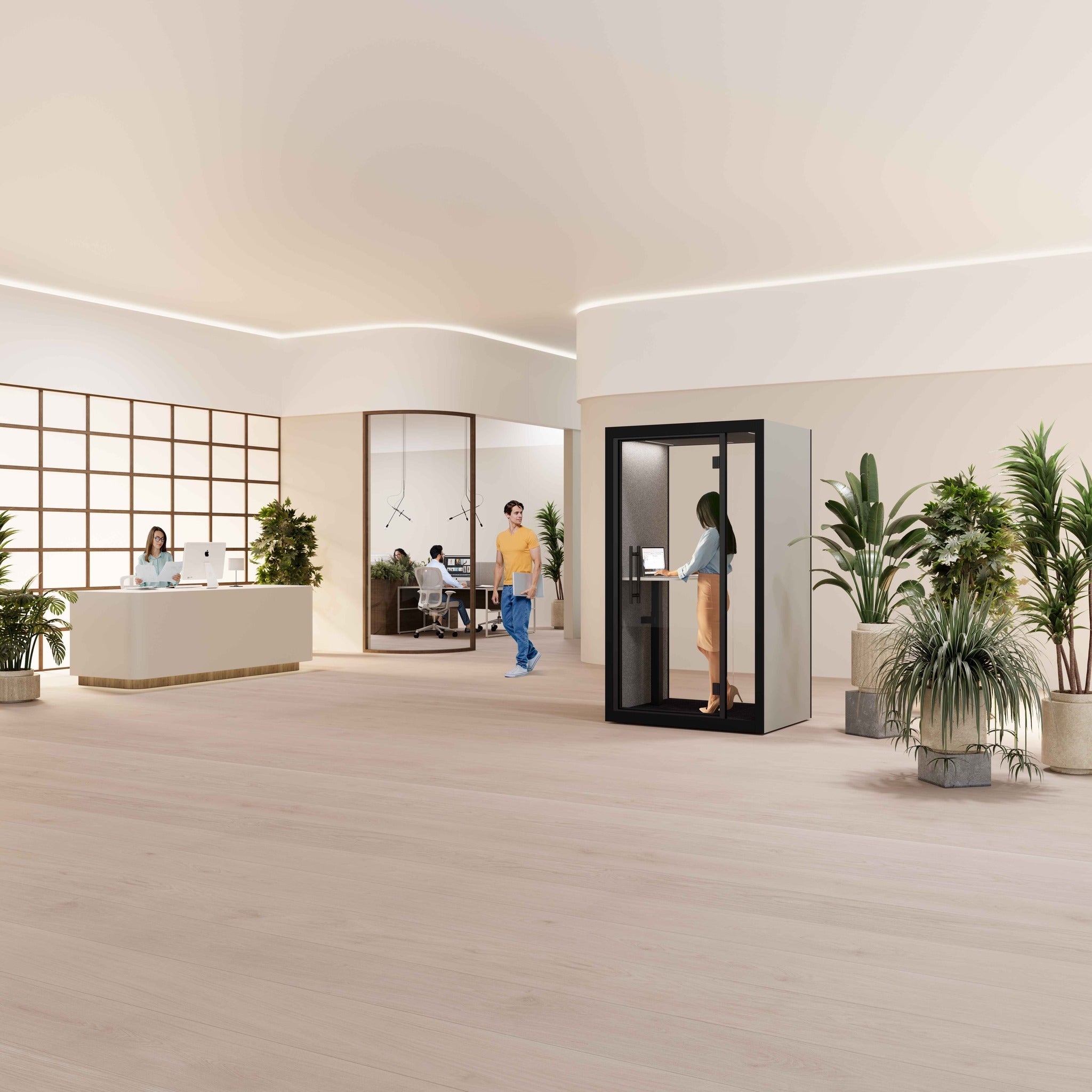 Innenansicht der Chatbox Solo Phone Box mit ergonomischem Arbeitstisch, Belueftung und Beleuchtung – komfortable Loesung fuer ungestoertes Arbeiten und Telefonate im Buero