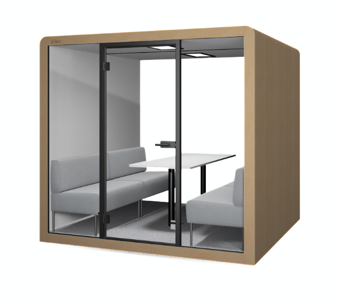 Silent Space Raum in Raum Loesung mit Furnieroberflaeche und transparenter Glasfront – elegante Akustikloesung fuer kreative Meetings und konzentriertes Arbeiten im modernen Buero