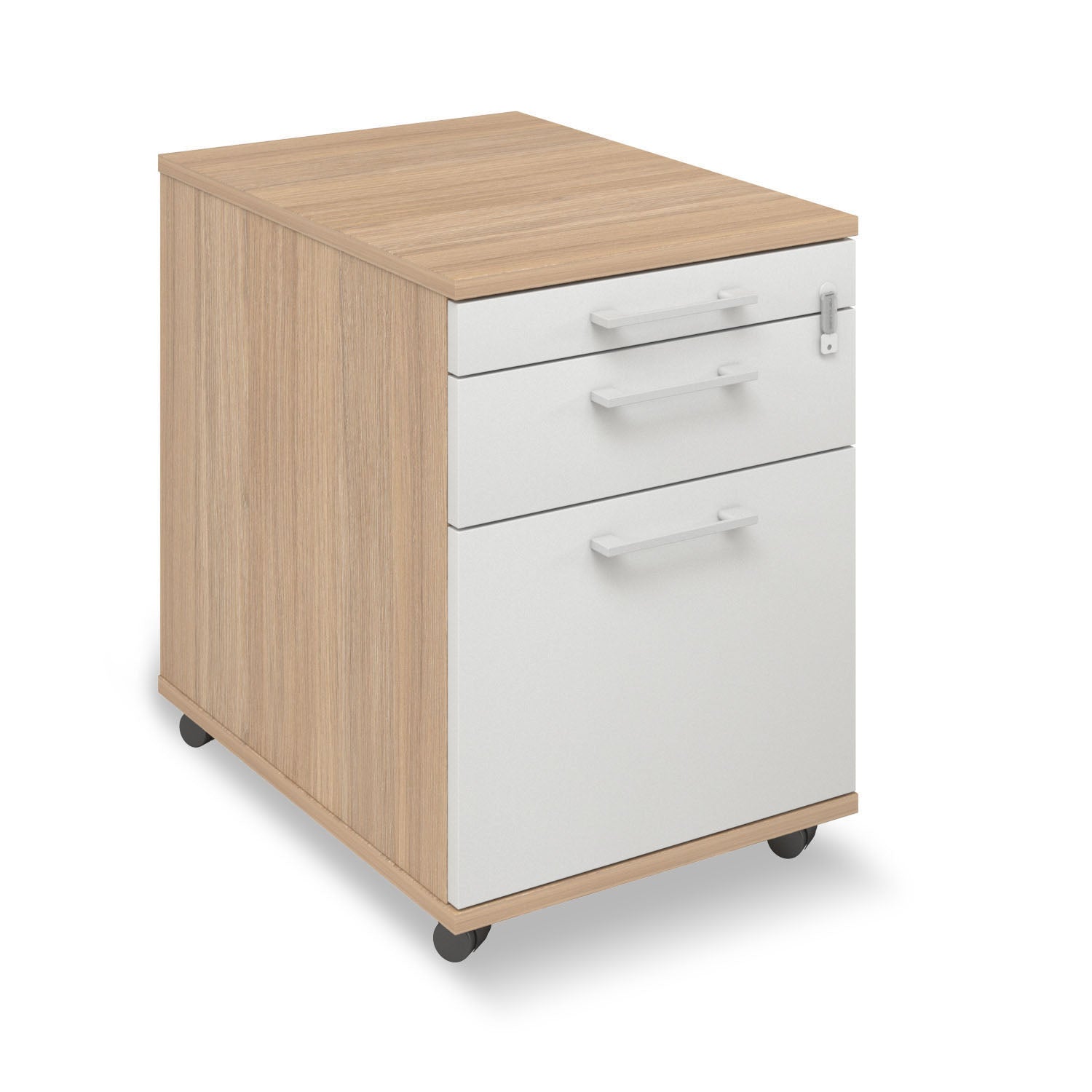 Rollcontainer aus Holz mit drei weissen Schubladen, ausgestattet mit Rollen und einer abschliessbaren Schublade, ideal fuer flexible und sichere Aufbewahrung in modernen Bueroumgebungen, praesentiert von Kibemo