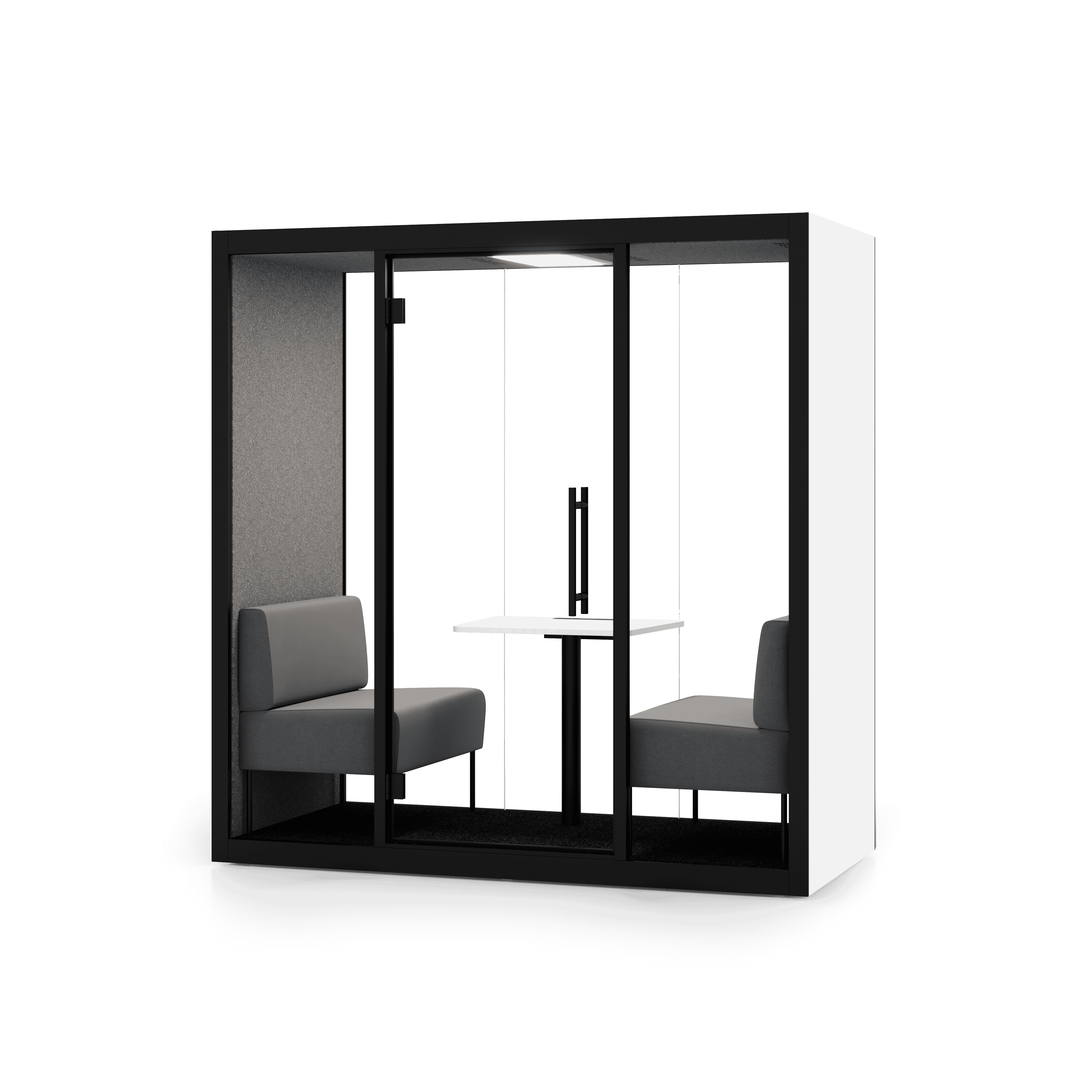 Weisse Chatbox Duo Schallschutzkabine mit grosser Glasfront und moderner Optik – elegante Akustikloesung fuer vertrauliche Gespraeche und Teamarbeit im Buero
