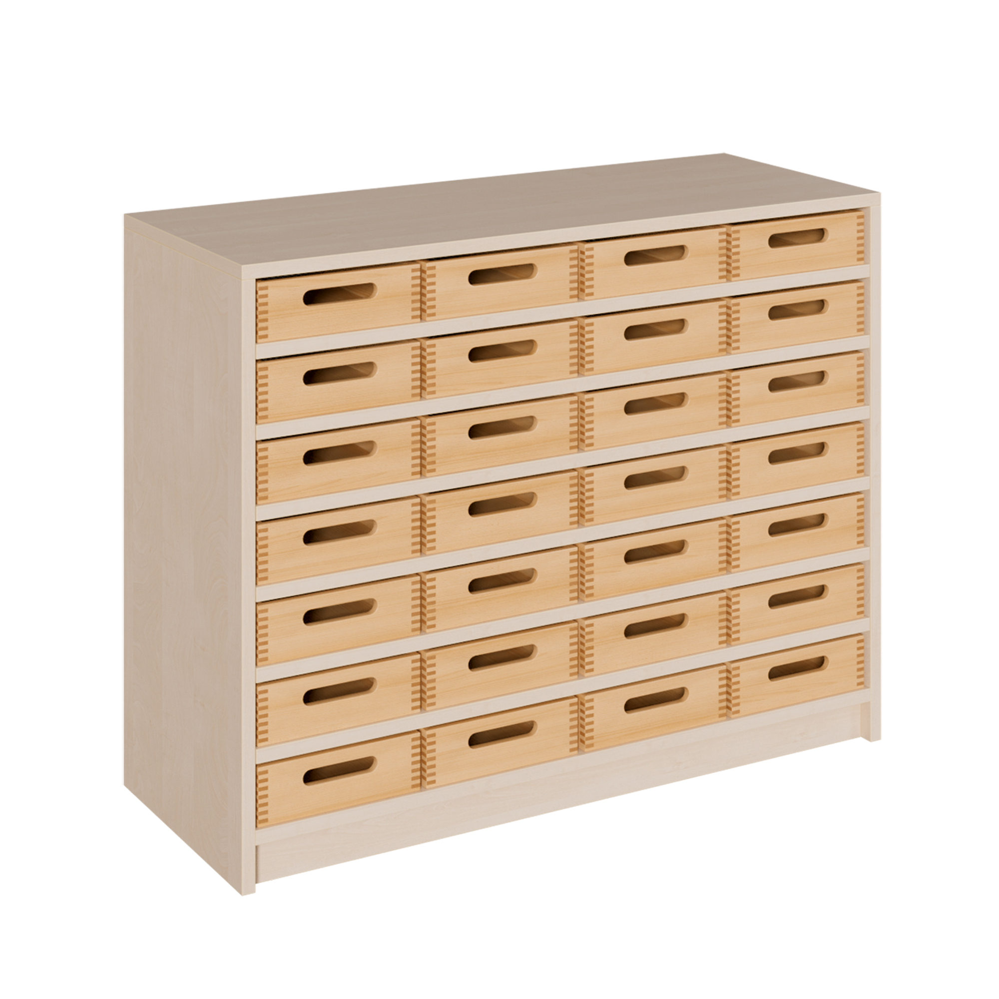 Schubladenregal mit 28 flachen Massivholzkästen