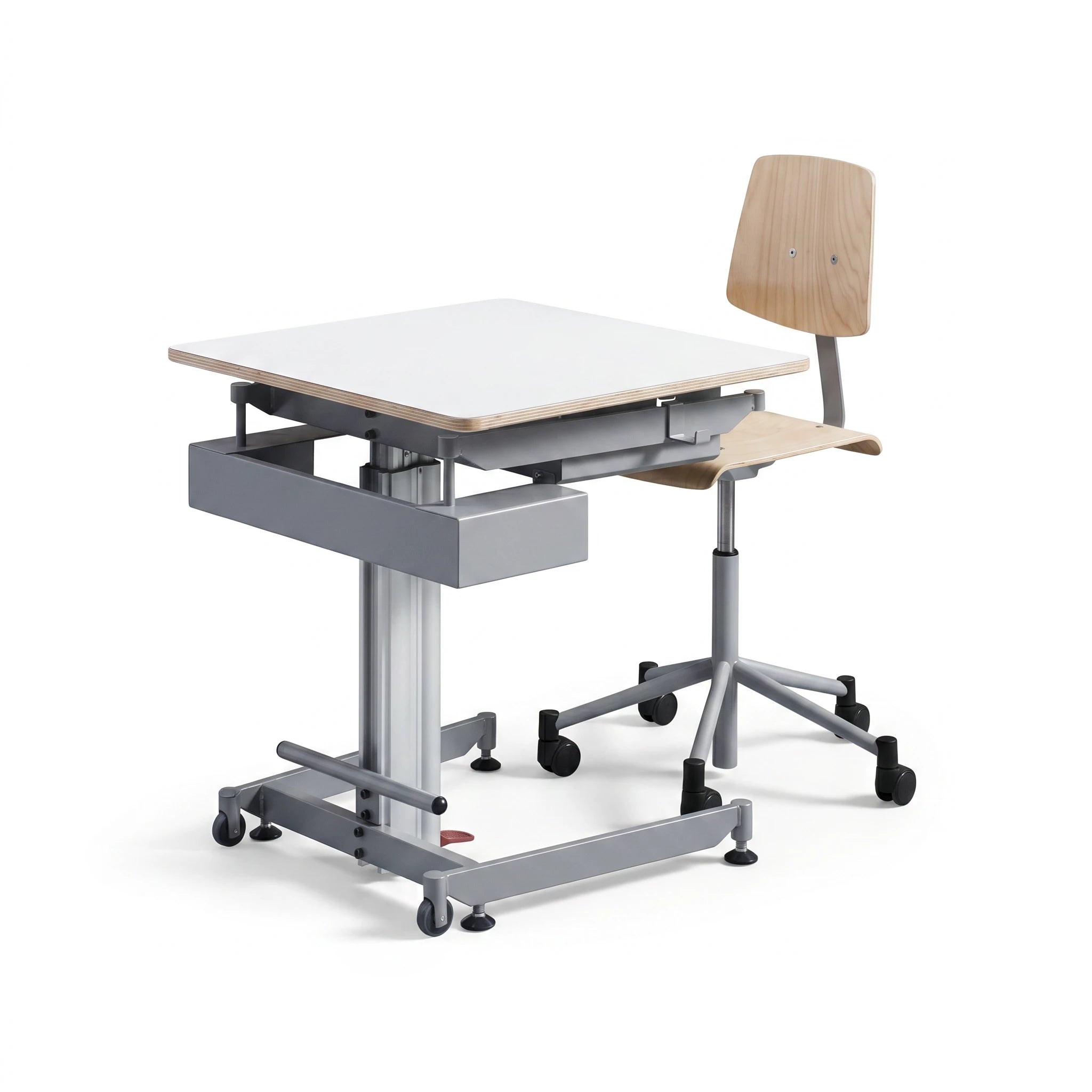 Ergonomisches Schülerpult mit höhenverstellbarer Gasfeder für optimalen Komfort im Klassenzimmer.