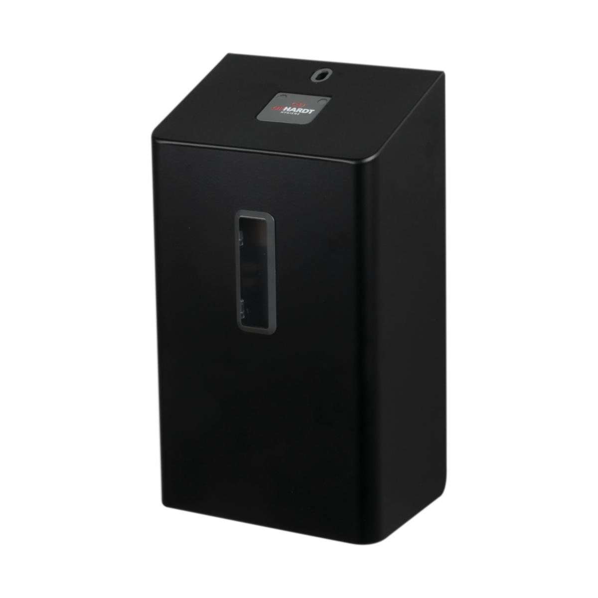 Kompakter Wand-Seifenspender in schwarz, der sich leicht montieren und nachfüllen lässt.