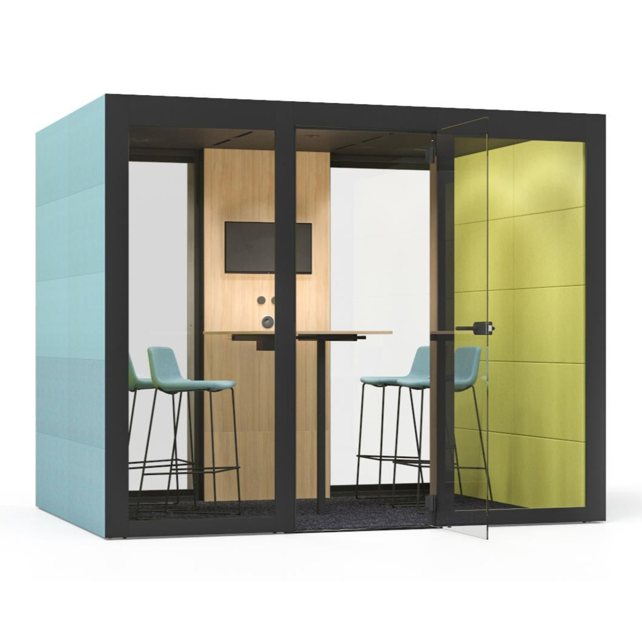 Meetingbox Silent Room L mit schallisolierter Struktur, LED-Beleuchtung und Glastuer – idealer Ruheraum fuer groessere Meetings und fokussierte Gruppenarbeit im Buero
