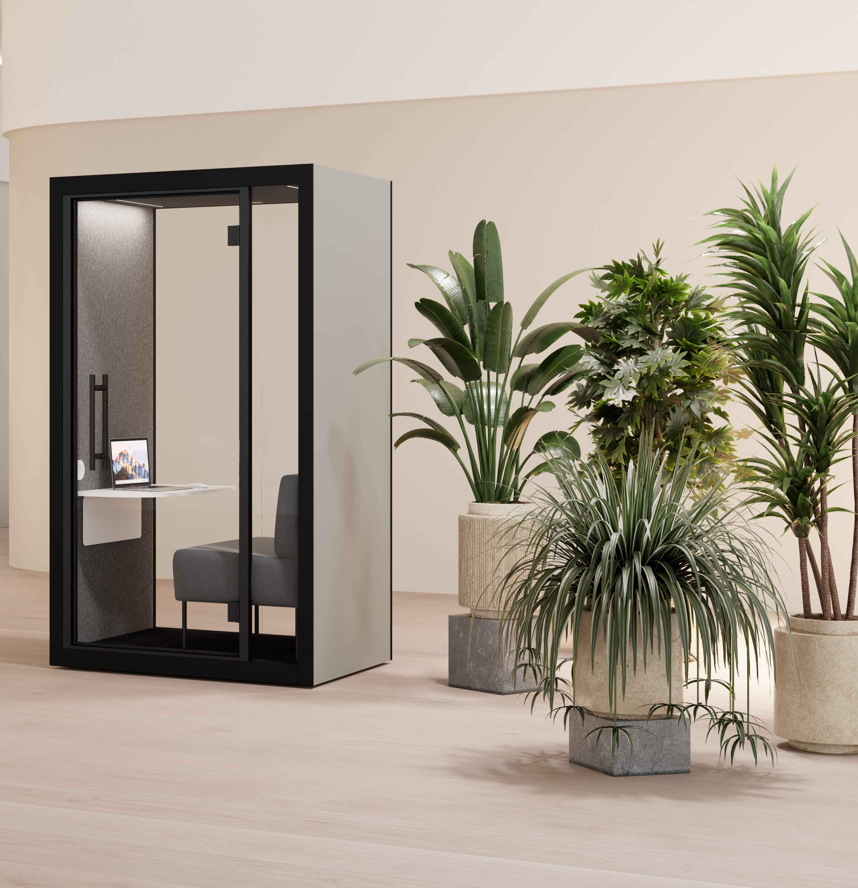Silen Space Telefonkabine Maxi mit ergonomischer Ausstattung und schallreduzierter Umgebung – ideal fuer ruhige Arbeitsphasen und Videocalls im Grossraumbuero