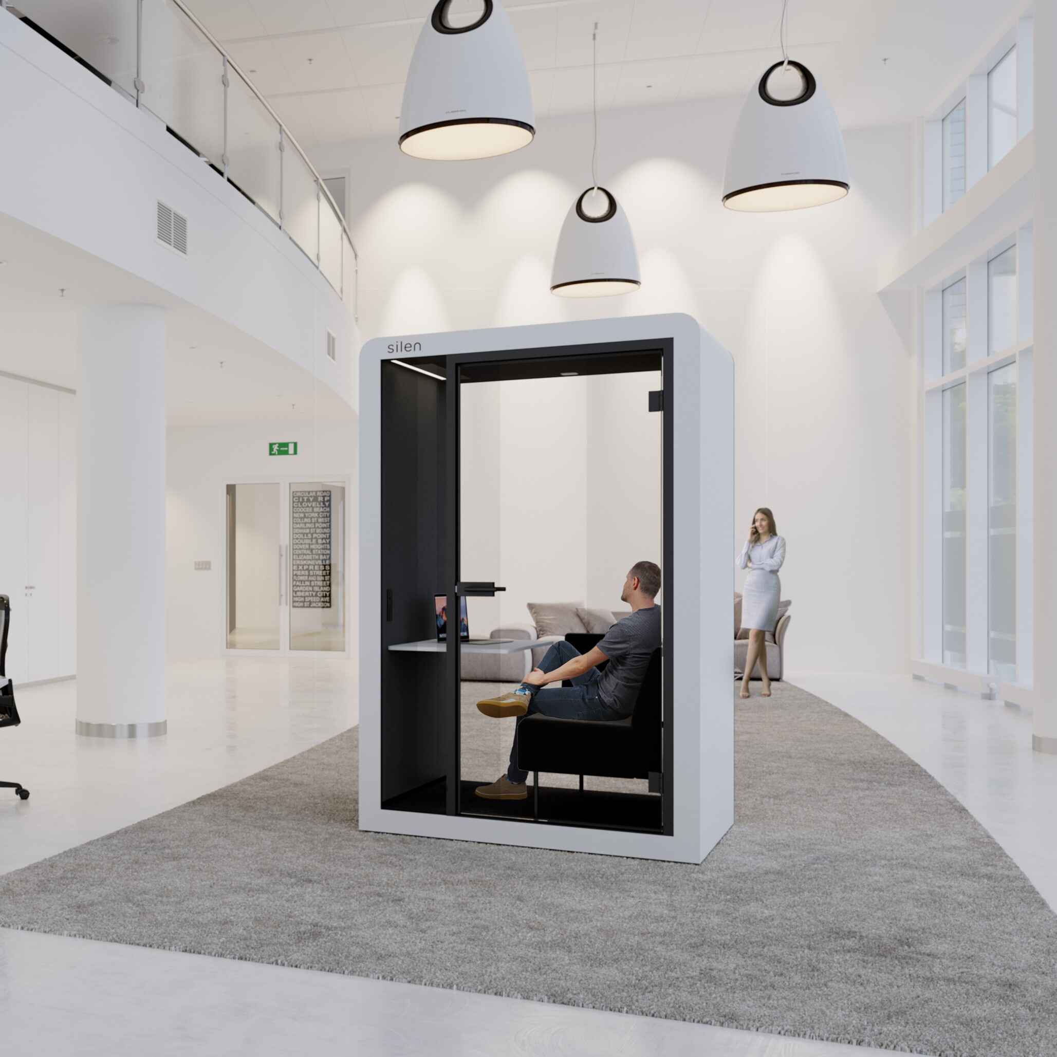 Silen Space Telefonkabine Maxi mit grossem Fenster, Tisch und Sitzgelegenheiten – akustisch geschuetzter Raum fuer Teamarbeit, Telefonate oder ruhiges Arbeiten im Buero