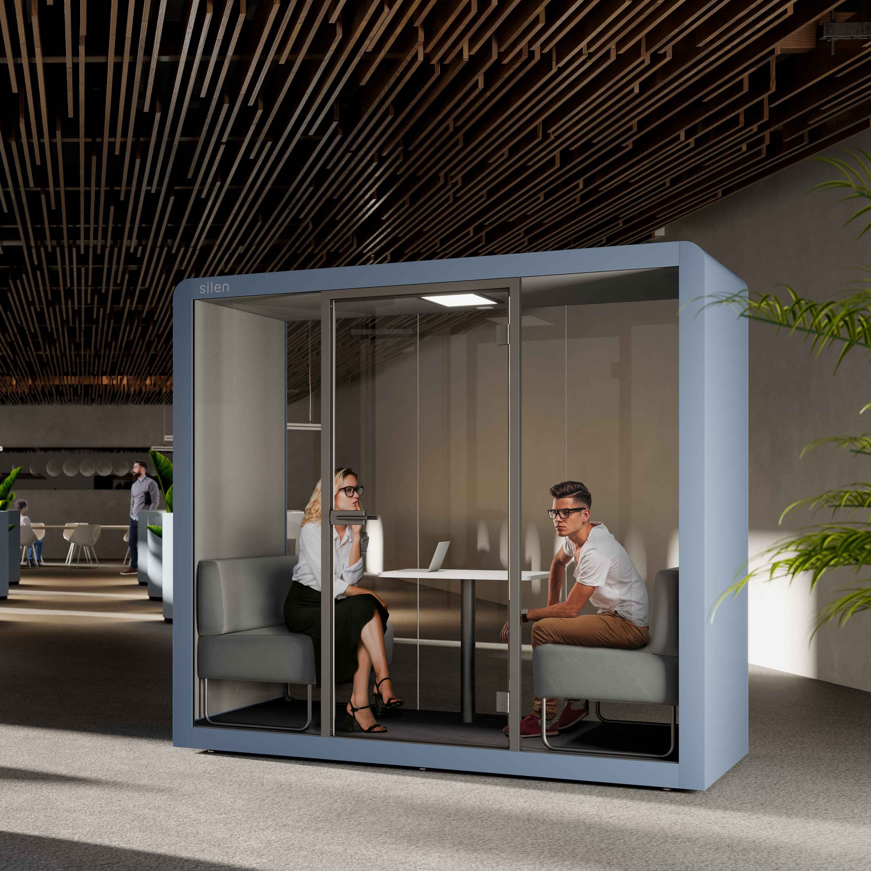 Silen Space Buerobox mit stilvoller Glasfront und schallabsorbierendem Interieur – vielseitige Loesung fuer konzentriertes Arbeiten und vertrauliche Besprechungen im offenen Buero