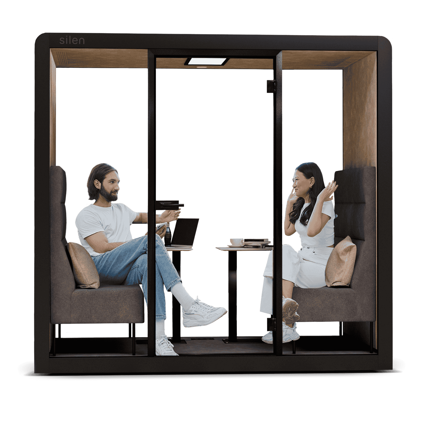 Silen Space Buerobox fuer zwei Personen mit grosser Glasfront und schallreduzierter Ausstattung – ideale Kabine fuer Besprechungen und ruhiges Arbeiten im offenen Buero