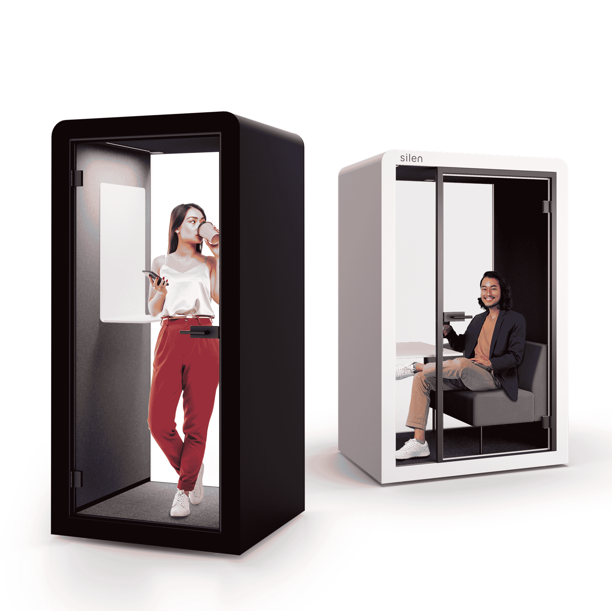 Silen Space Telefonkabine mit transparenten Glaswaenden und moderner Belueftung – flexible Akustikloesung fuer ruhige Arbeitsphasen und ungestoerte Telefonate im Buero