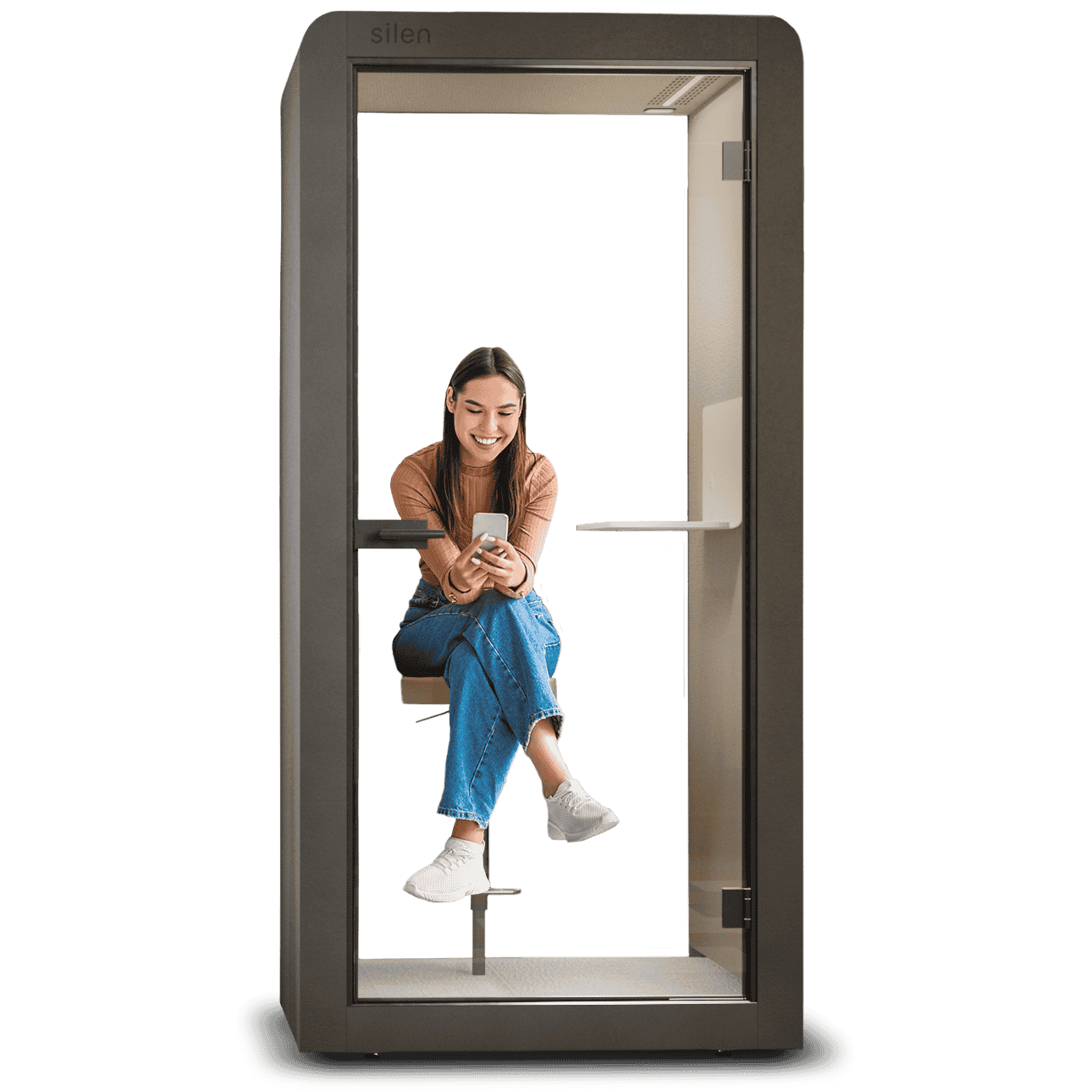 Kompakte Silen Space Telefonkabine mit grosser Glasfront und schallreduzierter Ausstattung – perfekte Loesung fuer ruhige Telefonate und konzentriertes Arbeiten im Buero