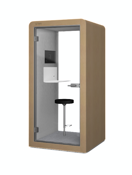 Silen Space Telefonkabine mit Furnieroptik und grosser Glasfront – elegante Akustikkabine fuer ruhige Telefonate und produktives Arbeiten im offenen Buero