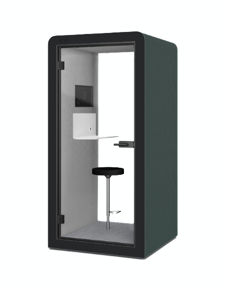 Silen Space Telefonkabine mit gepolsterter Rueckwand und schallisoliertem Design – komfortable Loesung fuer ungestoerte Telefonate und fokussiertes Arbeiten im Buero