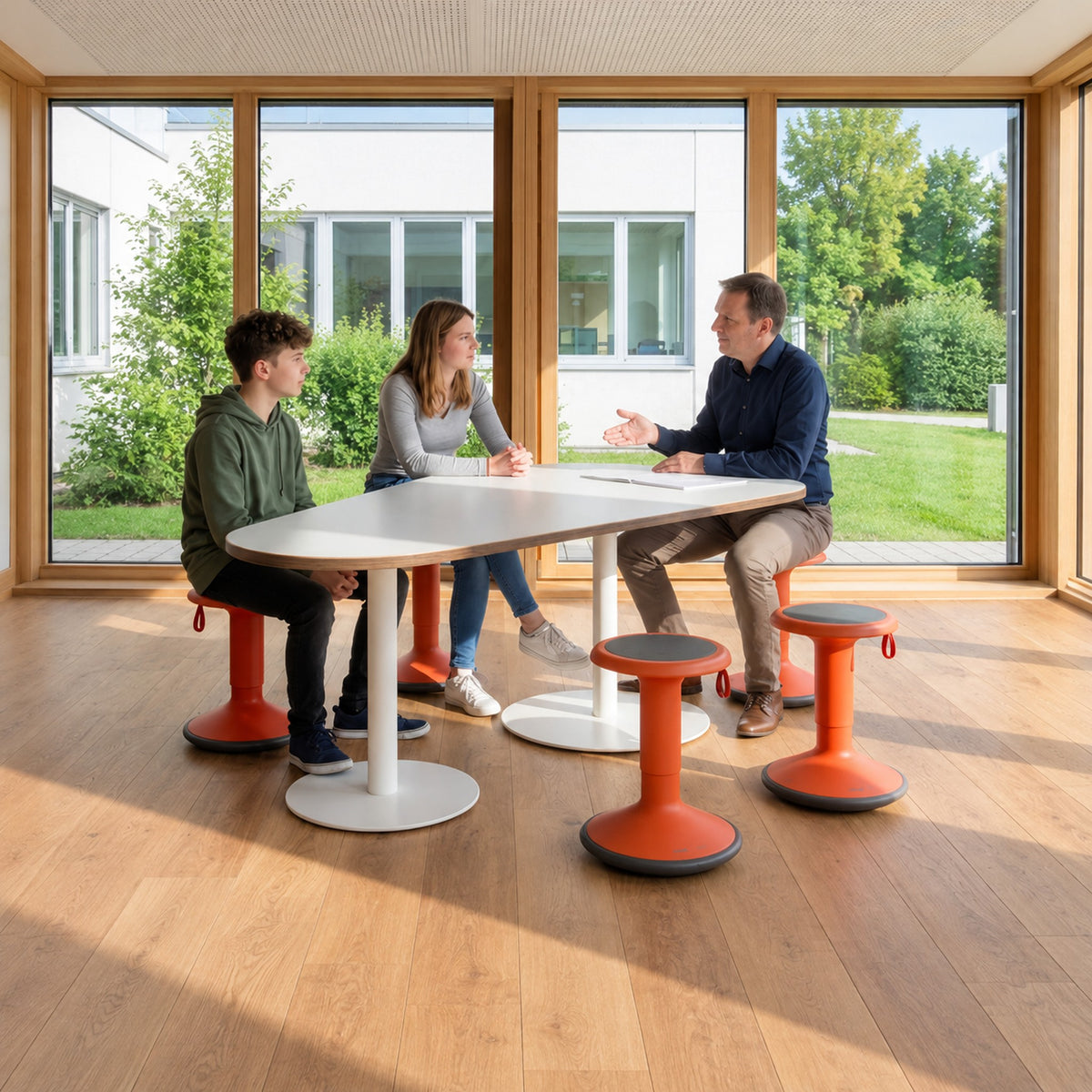 ass-2018-180-besprechungstisch-keilform-schule.jpg Besprechungstisch in Keilform 2018.180 mit weisser Platte und orangefarbenen Hockern im hellen Schulraum.