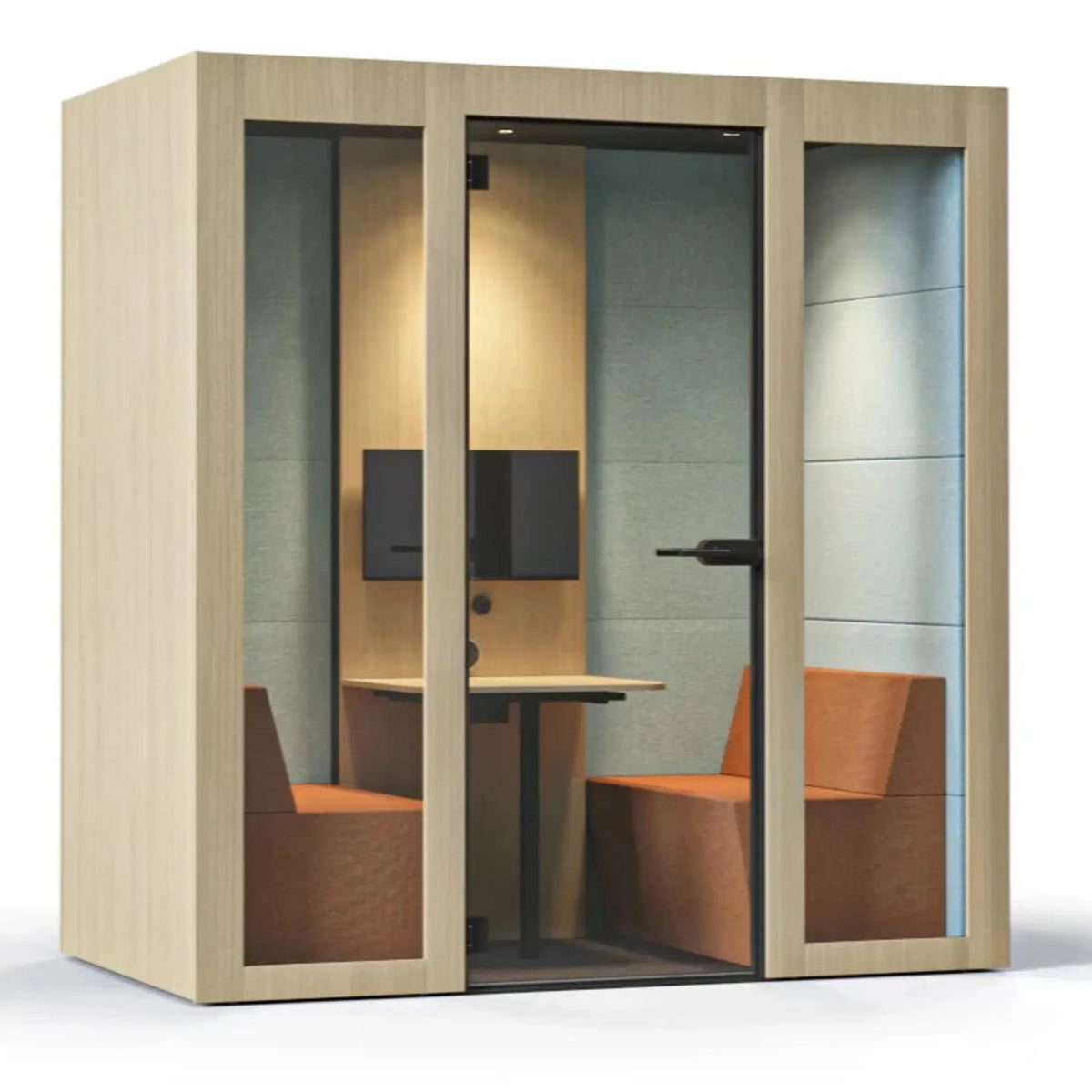 Silent Room M Besprechungsbox mit Glasfront, Tisch und vier Sitzplaetzen – schallisolierter Meetingraum fuer vertrauliche Gespraeche und kreative Zusammenarbeit im Buero