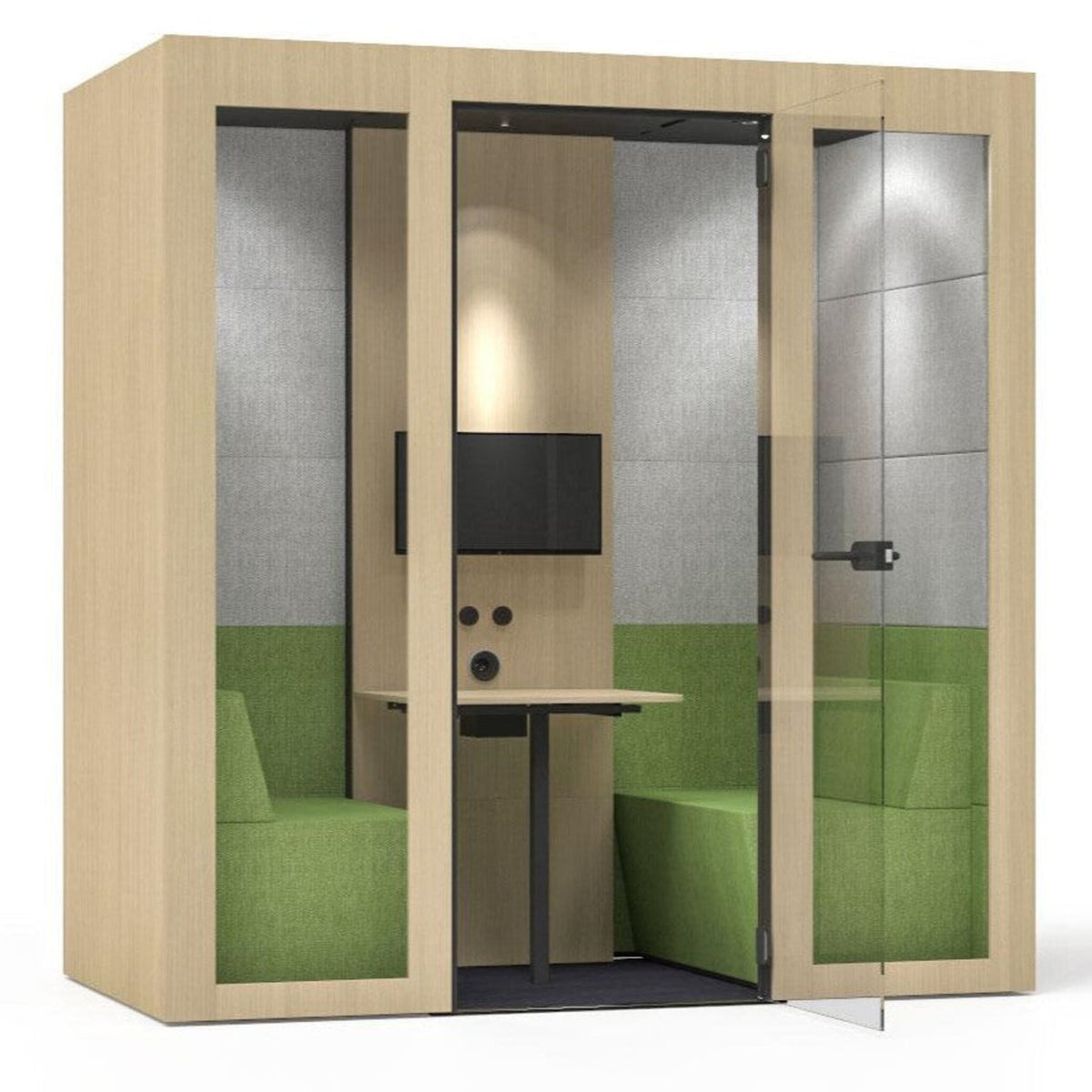 Silent Room M Besprechungsbox mit transparenter Glastuer und gepolsterter Innenausstattung – vielseitig einsetzbare Raum-in-Raum Loesung fuer Besprechungen und konzentriertes Arbeiten im Buero