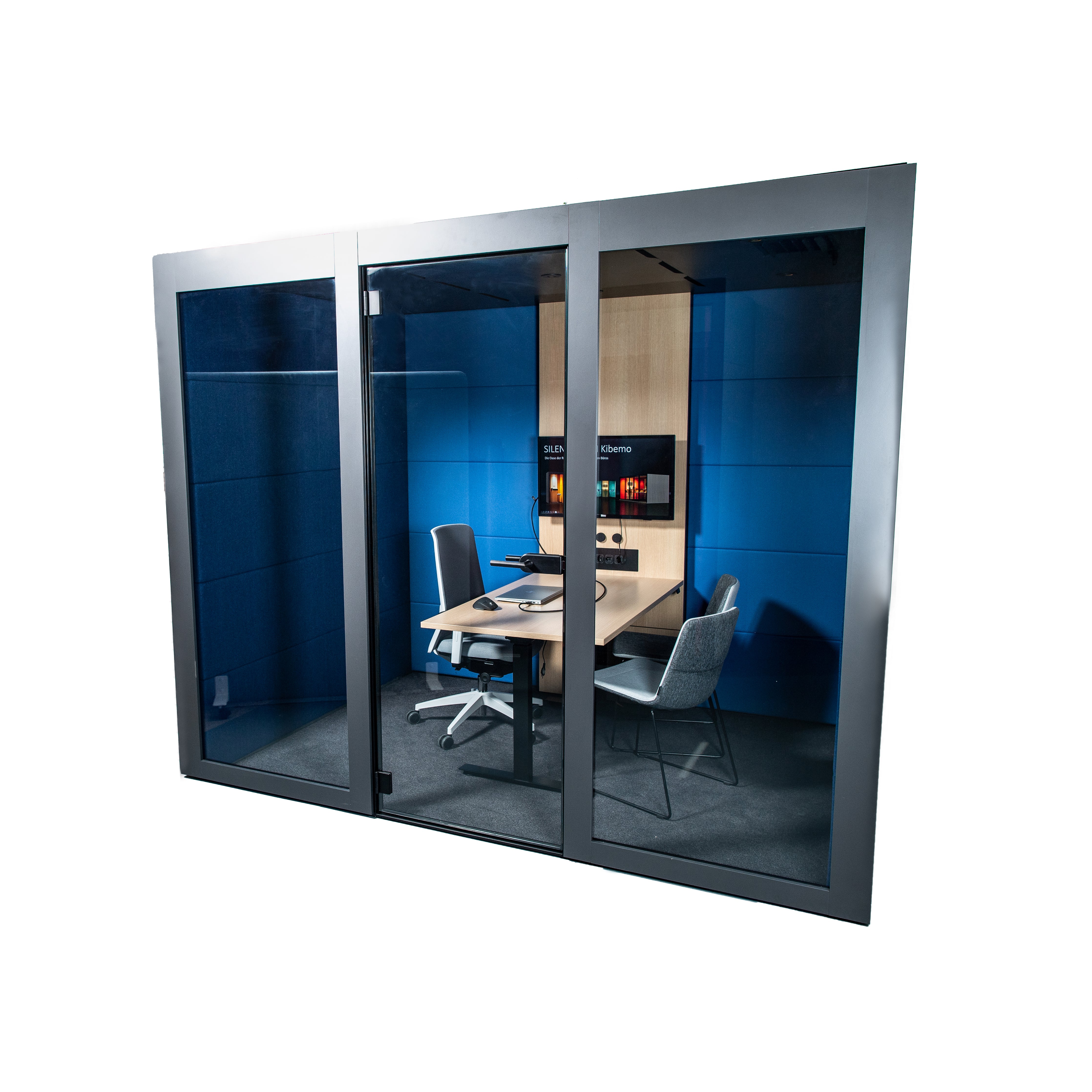 Besprechungsbox mit blauem Stoff und Bürotisch und Bürostühle