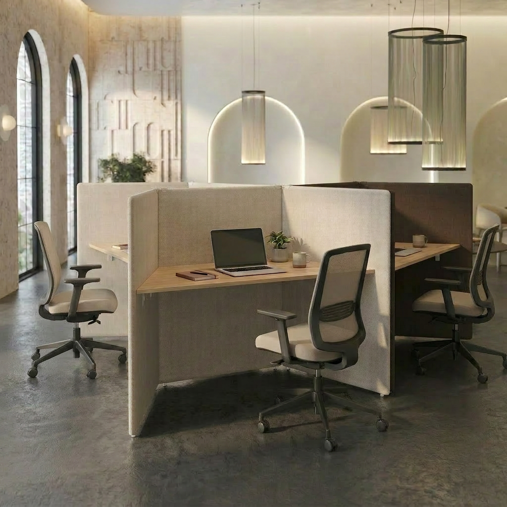 V-shaped focus workstations acoustically effective and flexibly expandable | MY SPACE