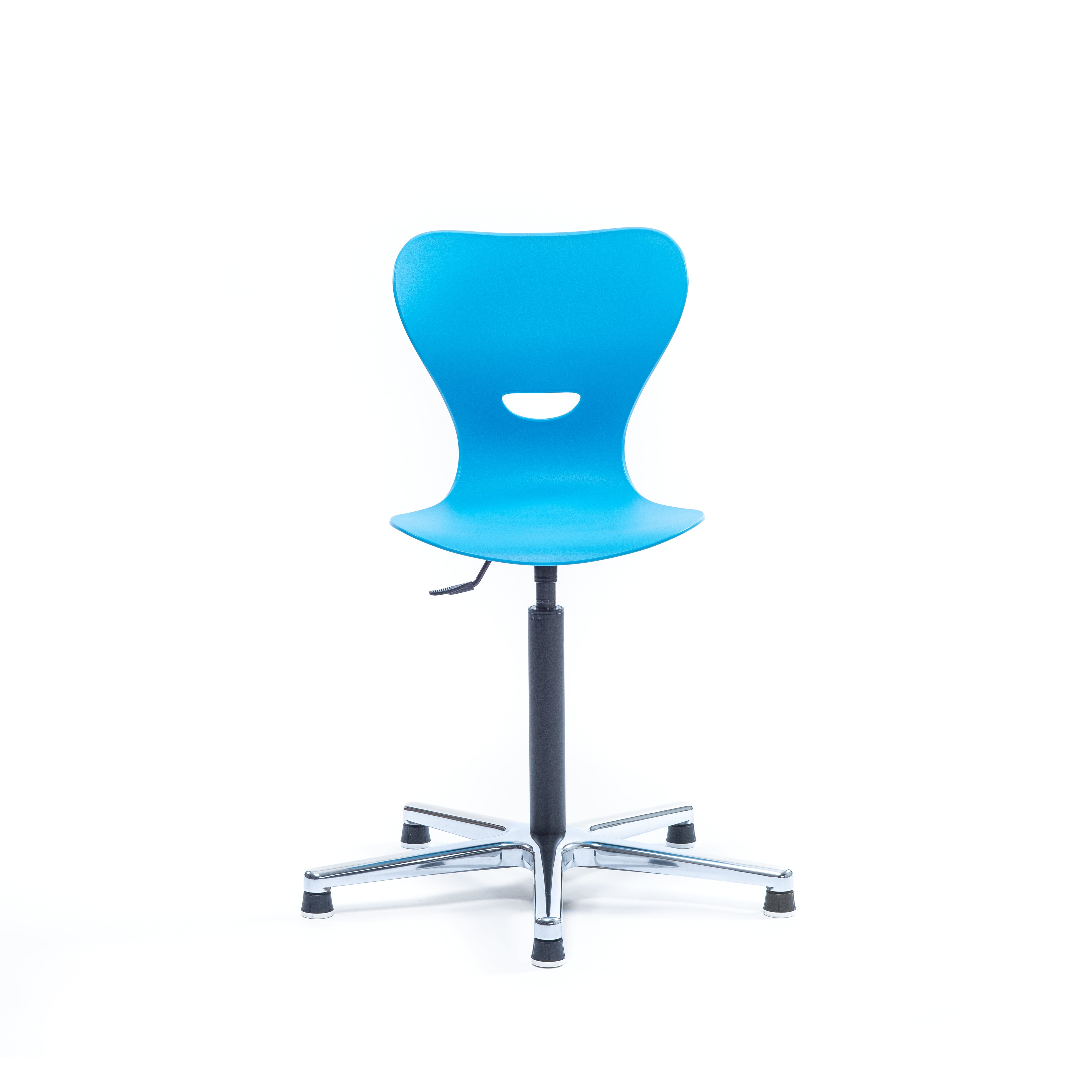 Schulstuhl höhenverstellbar mit blauer Sitzschale aus Kunststoff und Griffloch