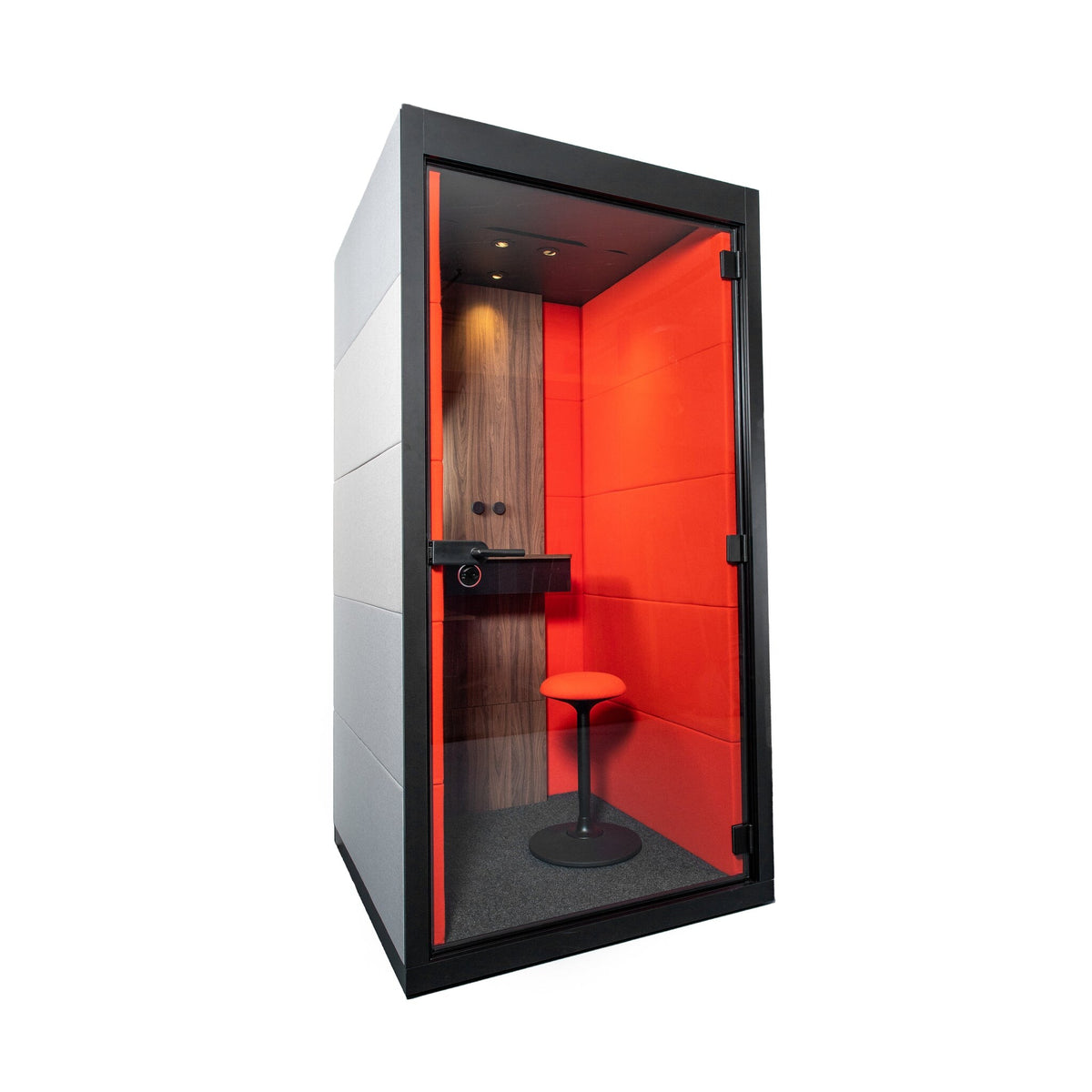 Moderne Telefonkabine Silent Room S mit Glasfront, Holzdetails und kompakter Ausstattung – platzsparende Akustikloesung fuer vertrauliche Gespraeche und konzentriertes Arbeiten im Buero