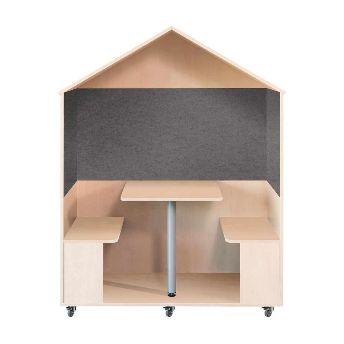 TOP Haus mit Tisch, zwei Bänken und anthrazitfarbenen Schallabsorbern für Kindergarten und Schule, Sitzhöhe 38 cm