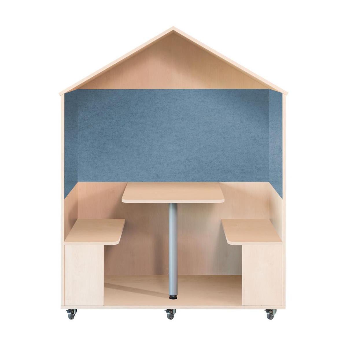 TOP Haus auf Rollen mit Tisch, zwei Bänken und blauen Schallabsorbern für Kindergarten und Schule, Sitzhöhe 38 cm