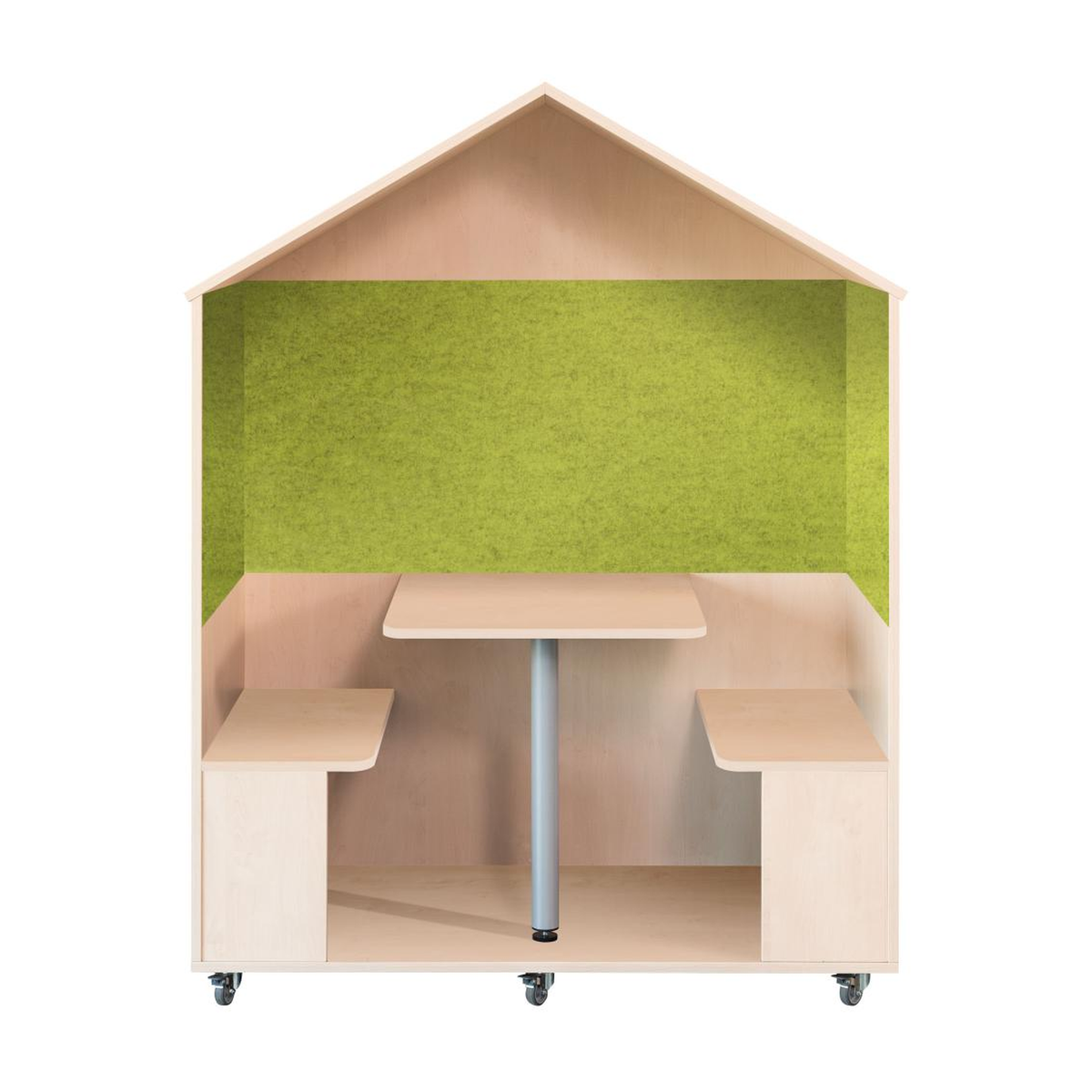 Haus auf Rollen mit Tisch, zwei Bänken und grünen Schallabsorbern für Kindergarten und Schule, Sitzhöhe 38 cm