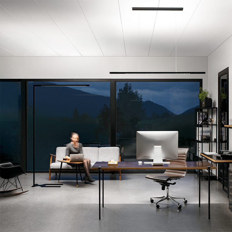 Schwarze Zumtobel LINETIK Pendelleuchte über einem Büro-Schreibtisch, ergänzt durch eine LINETIK Stehleuchte im Loungebereich.