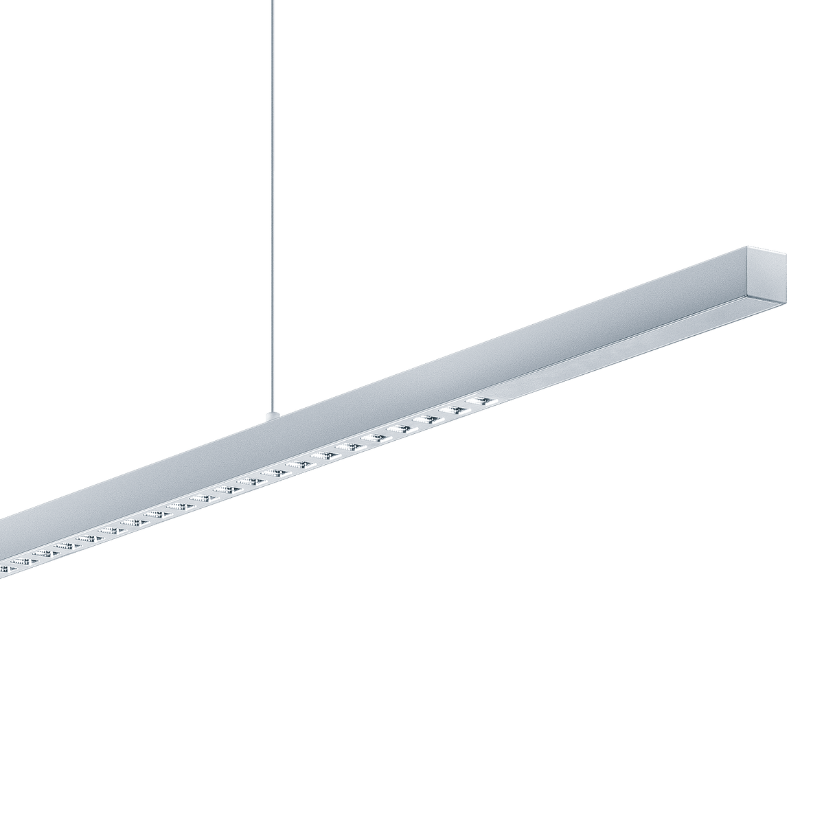 Silberne Zumtobel LINETIK Pendelleuchte im Detail mit Mikroreflektoren an der Unterseite.