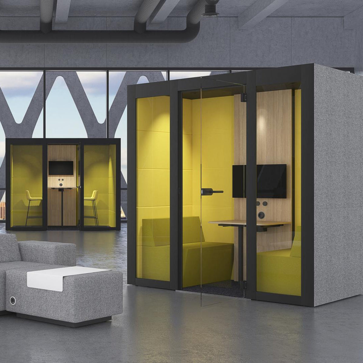 Silent Room M Besprechungsbox mit dunkler Holzverkleidung, Glasfront und komfortabler Innenausstattung – stilvolle Akustikloesung fuer produktive Besprechungen im modernen Buero
