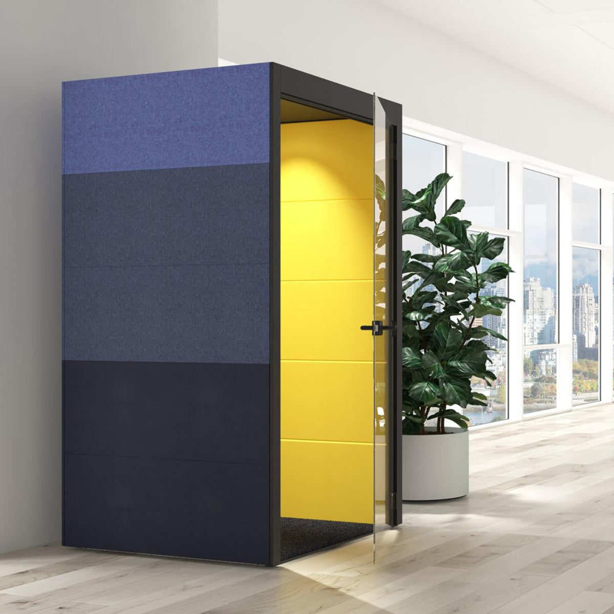 Silent Room S Telefonkabine mit dunklem Rahmen und Glasfront in moderner Bueroeinrichtung – schallisolierte Kabine fuer konzentriertes Arbeiten und diskrete Telefonate