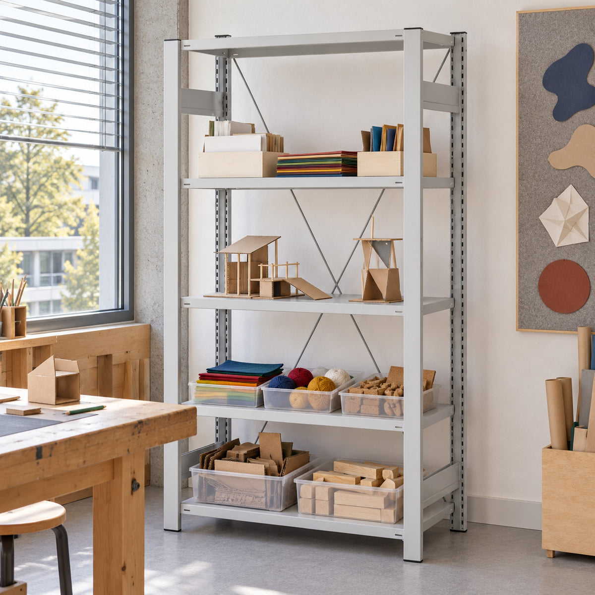 Makerspace Ablage aus Stahl mit 5 Böden für die Schule