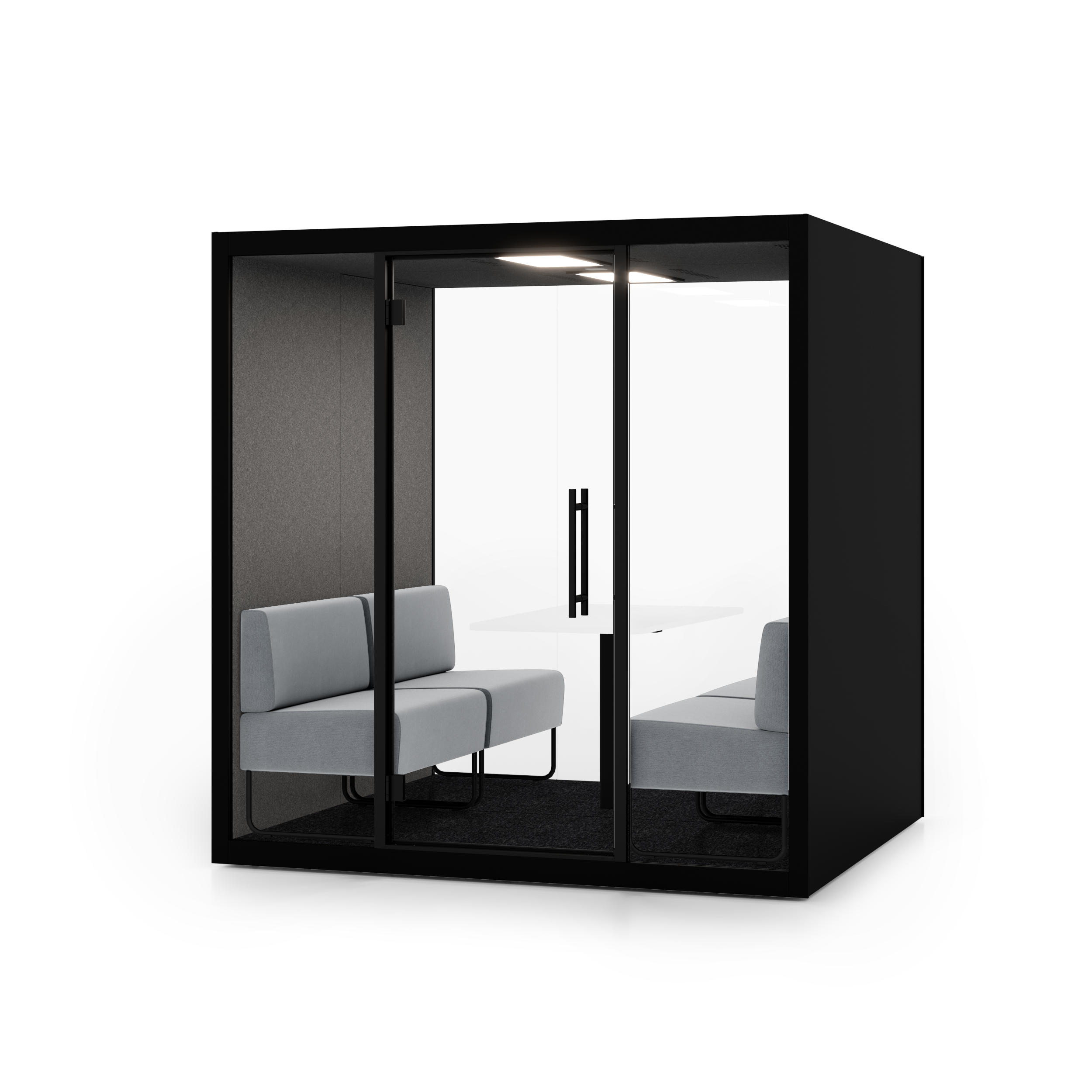 Chatbox Quattro Akustikbox mit grosser Glasfront und vier Sitzplaetzen – ideale Besprechungskabine mit Schallschutz fuer Teammeetings im offenen Buero