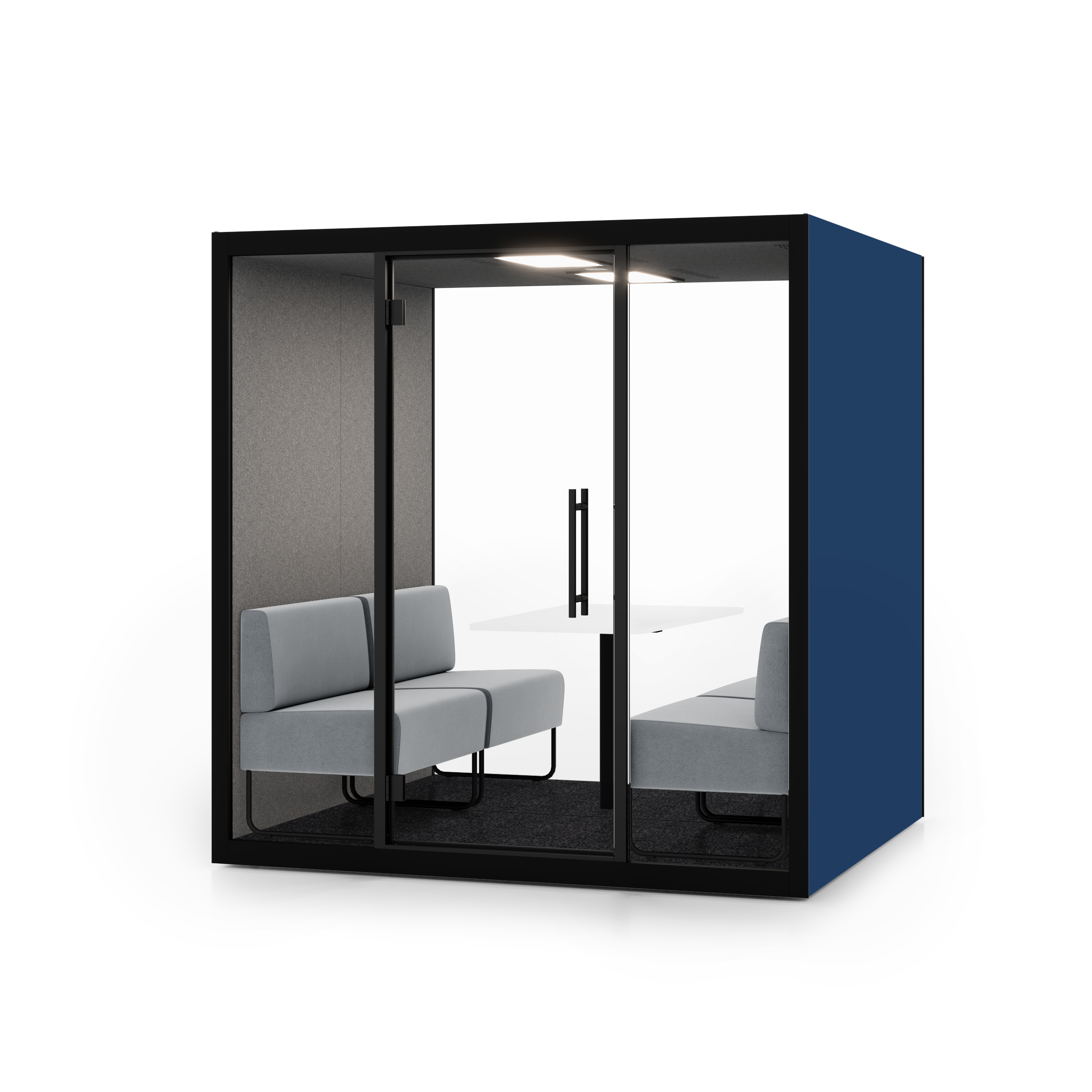 Frontansicht der Chatbox Quattro Akustikbox mit transparenter Glasfront und kompaktem Design – akustisch abgeschirmte Kabine fuer Besprechungen in offenen Buerozonen