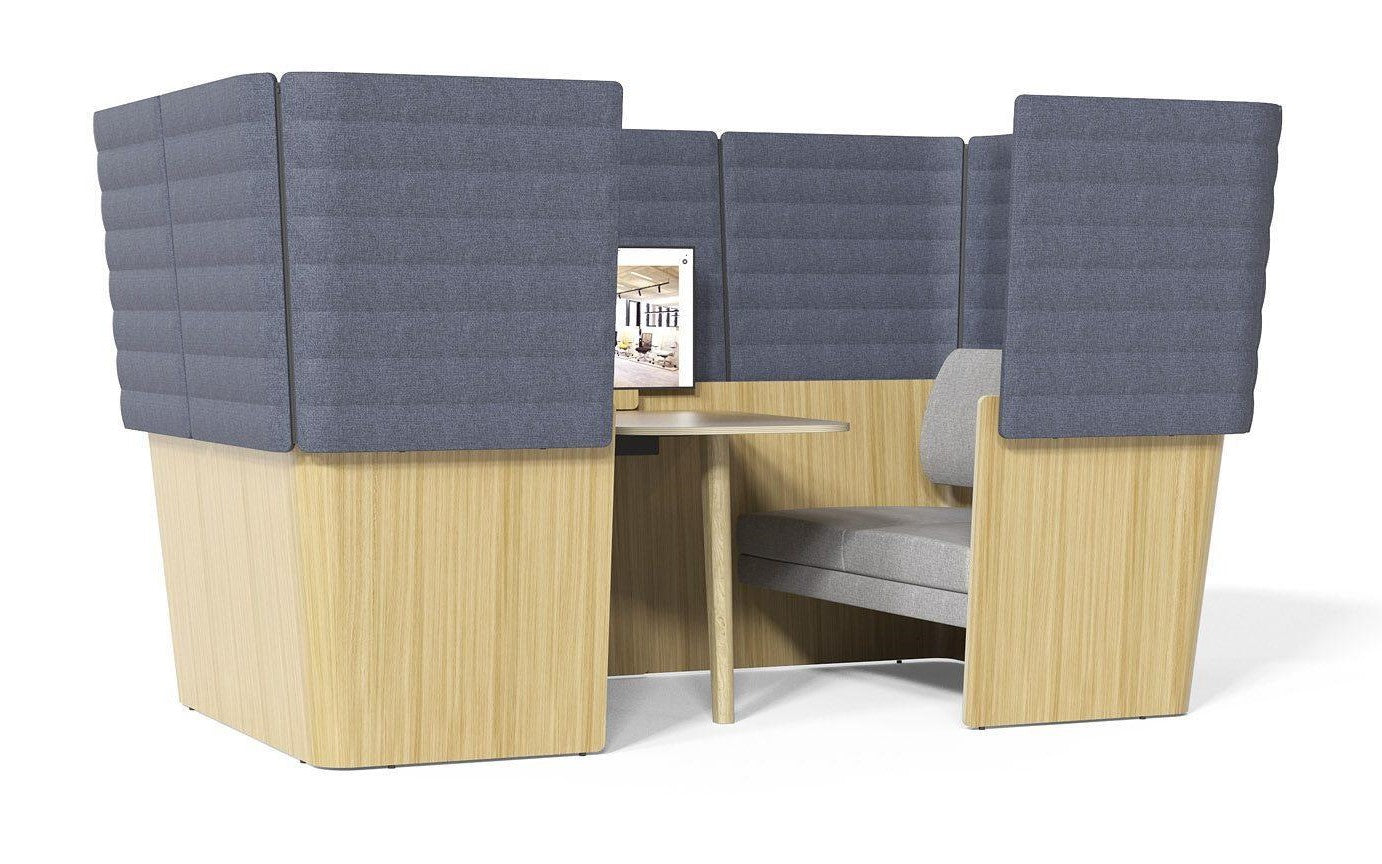 Buero Lounge hochwertig mit Holzgestell und hohen Rueckenlehnen aus Stoff in grau