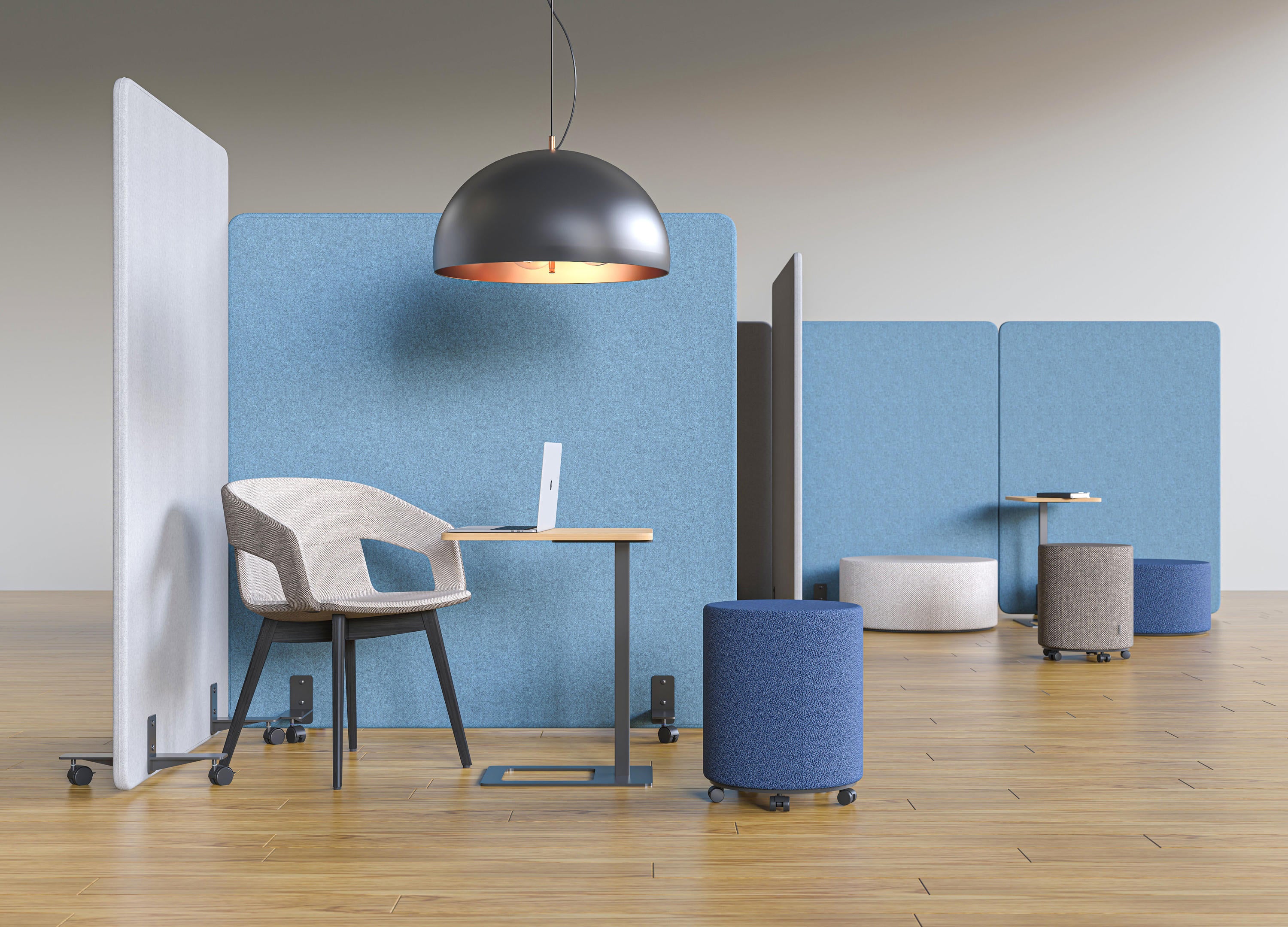 Professionelle Bueroplanung mit einer 3D-Visualisierung, die moderne Bueromoebel, ergonomische Arbeitsplaetze und effiziente Raumaufteilung zeigt, praesentiert von Kibemo